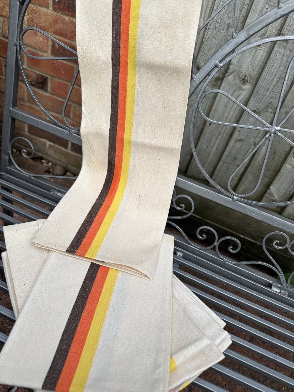 French Vintage Tea Towels, “Cream Cotton & Stripes” Cotton tea towel, France.