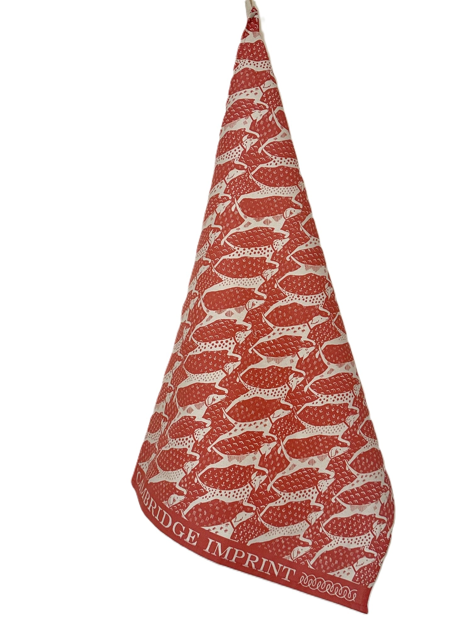 Cambridge Imprint "Dogs Coral", Pure cotton tea towel. Printed in the UK.