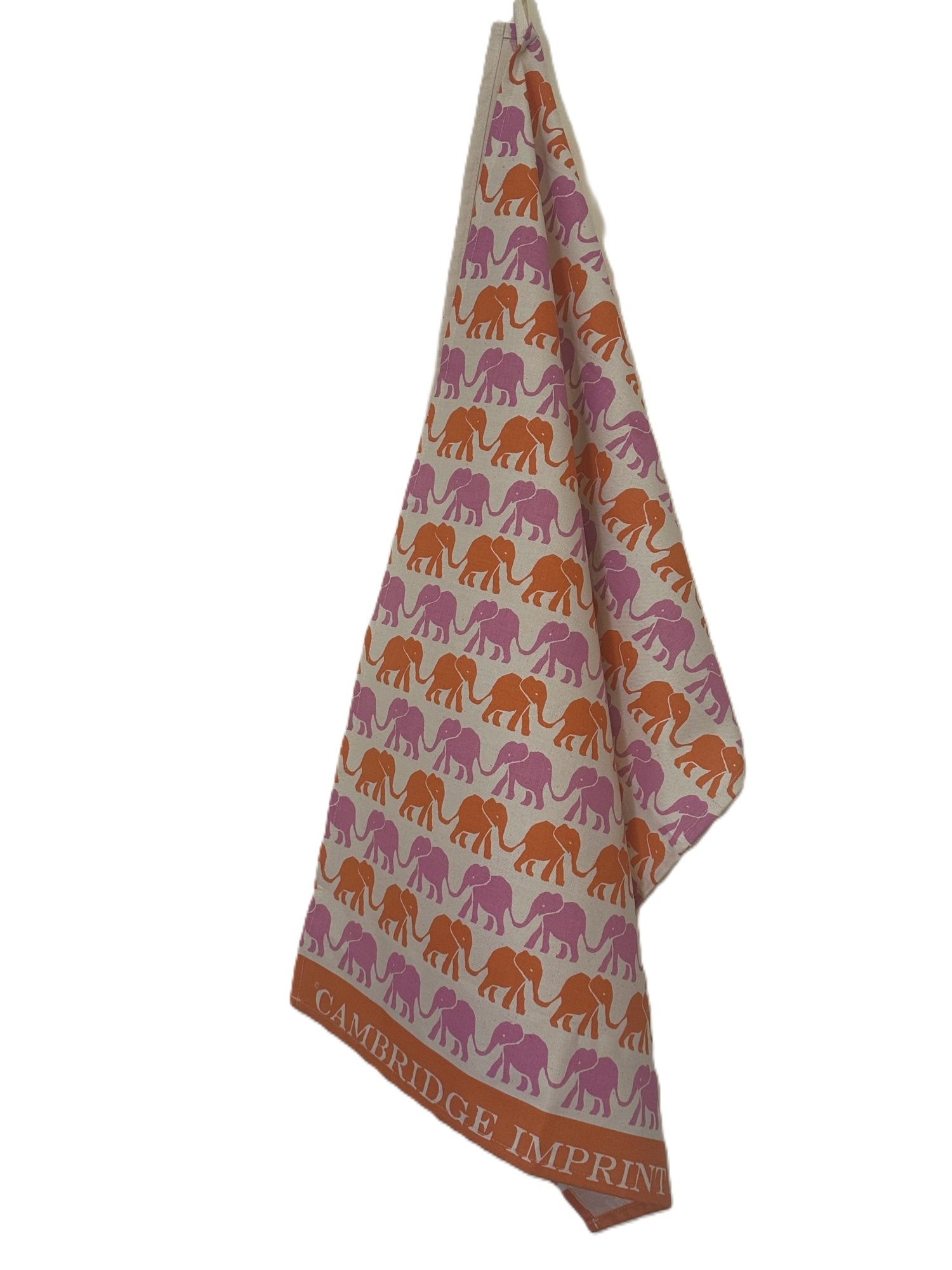 Cambridge Imprint "Elephants Pink & Orange", Pure cotton tea towel. Printed in the UK.