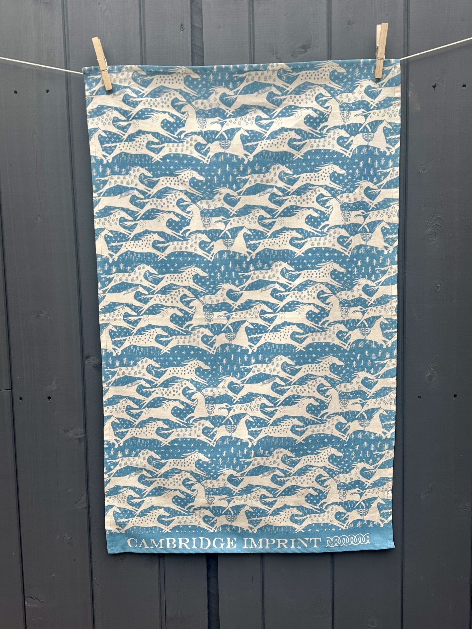 Cambridge Imprint "Horses Turquoise", Pure cotton tea towel. Printed in the UK.