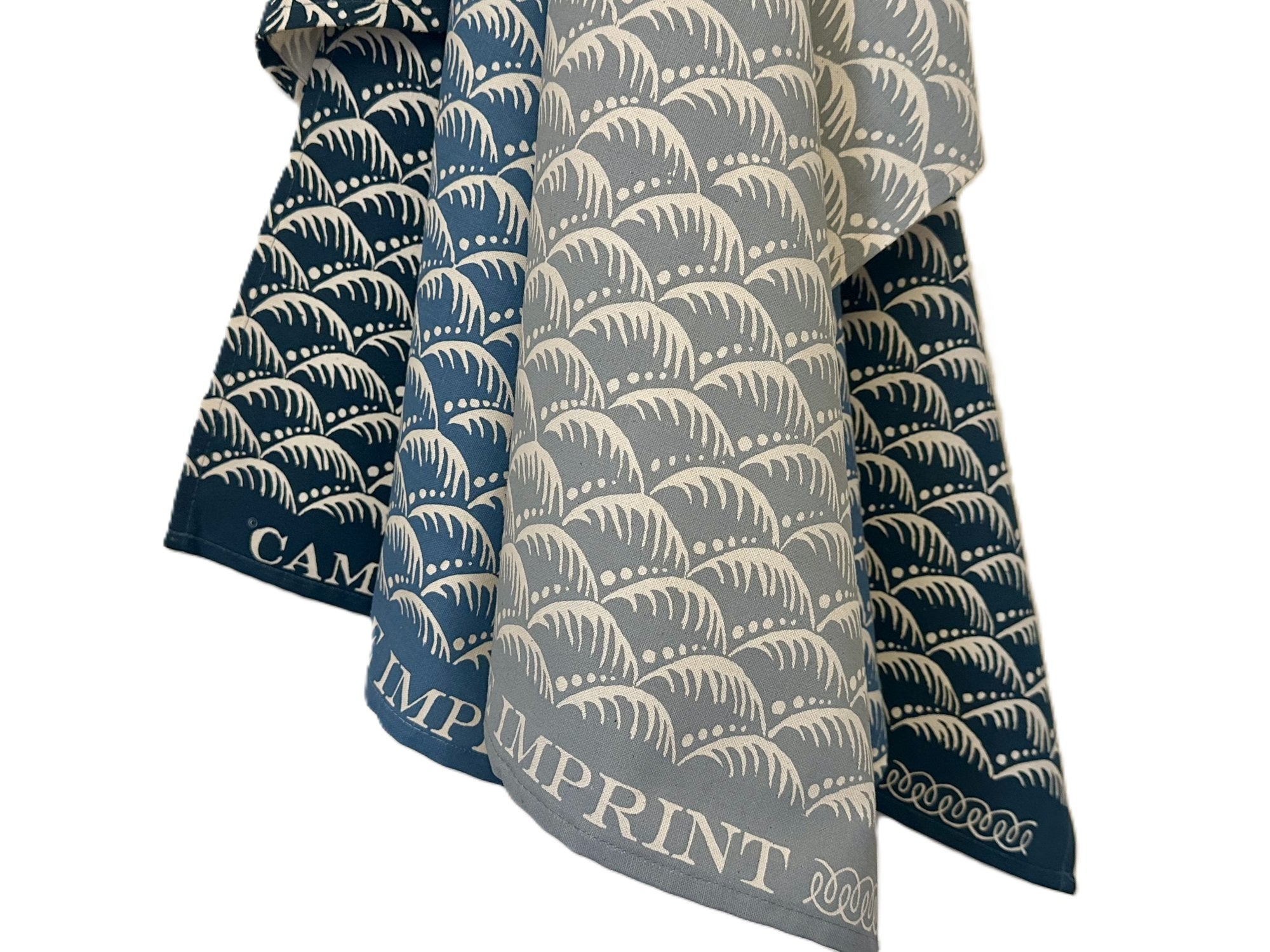 Cambridge Imprint "Wave", Pack of 3 cotton tea towels. Printed in the UK.