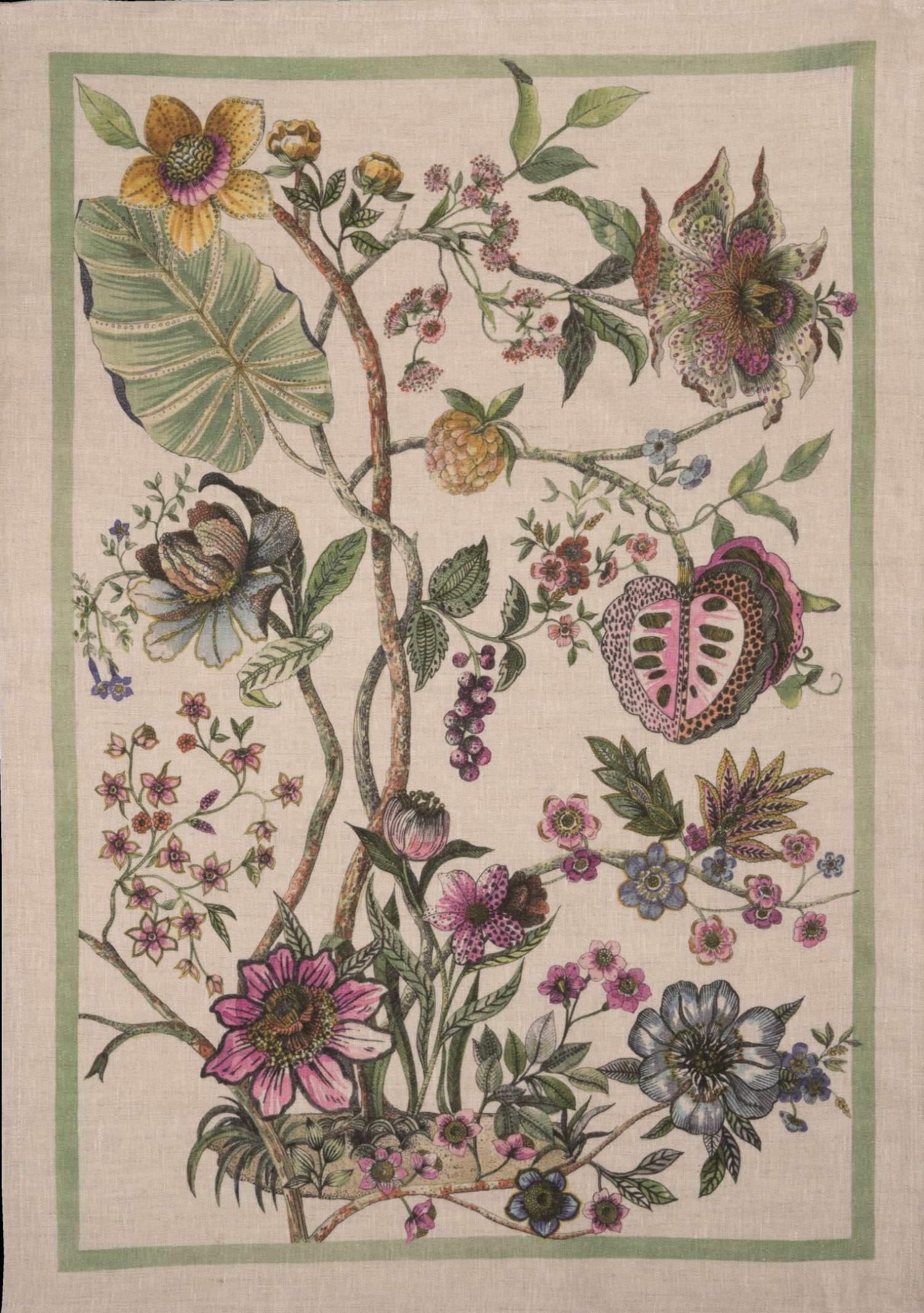 Tessitura Toscana Telerie, “Biloba-Verde”, Pure linen printed tea towel. - Home Landing