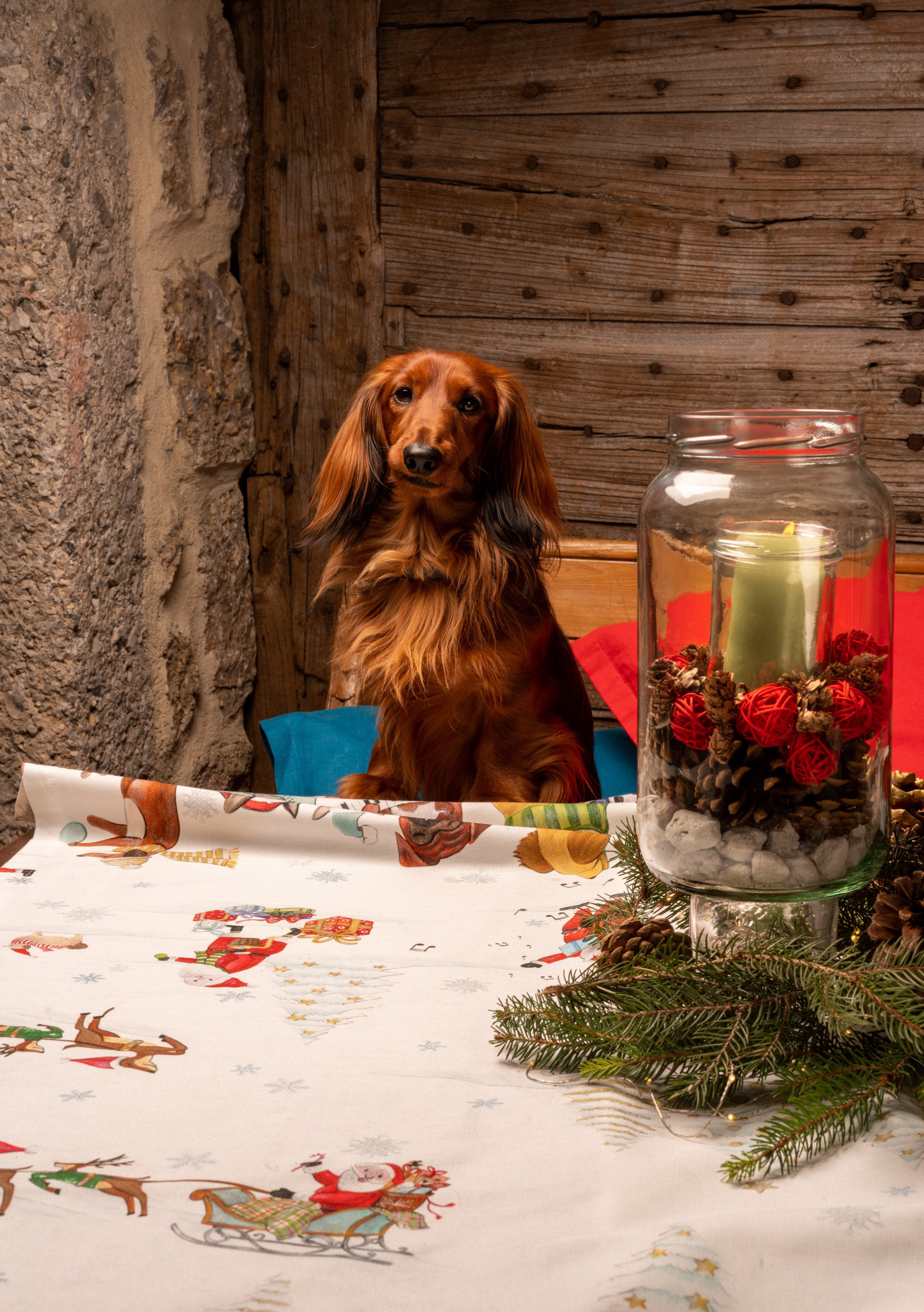 Tessitura Toscana Telerie, “Jingle Woof”, Pure cotton printed table runner.