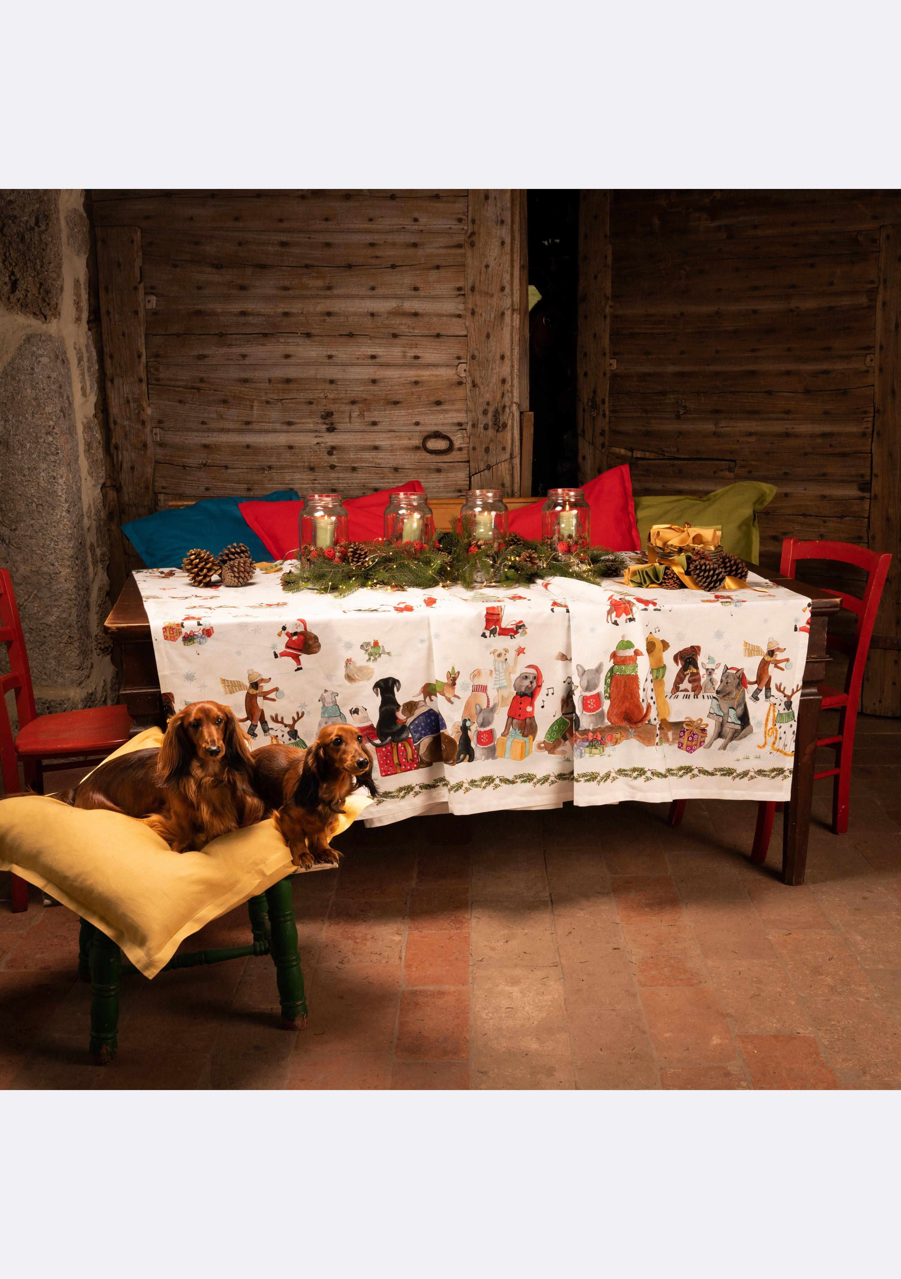 Tessitura Toscana Telerie, “Jingle Woof”, Pure cotton printed tablecloth.