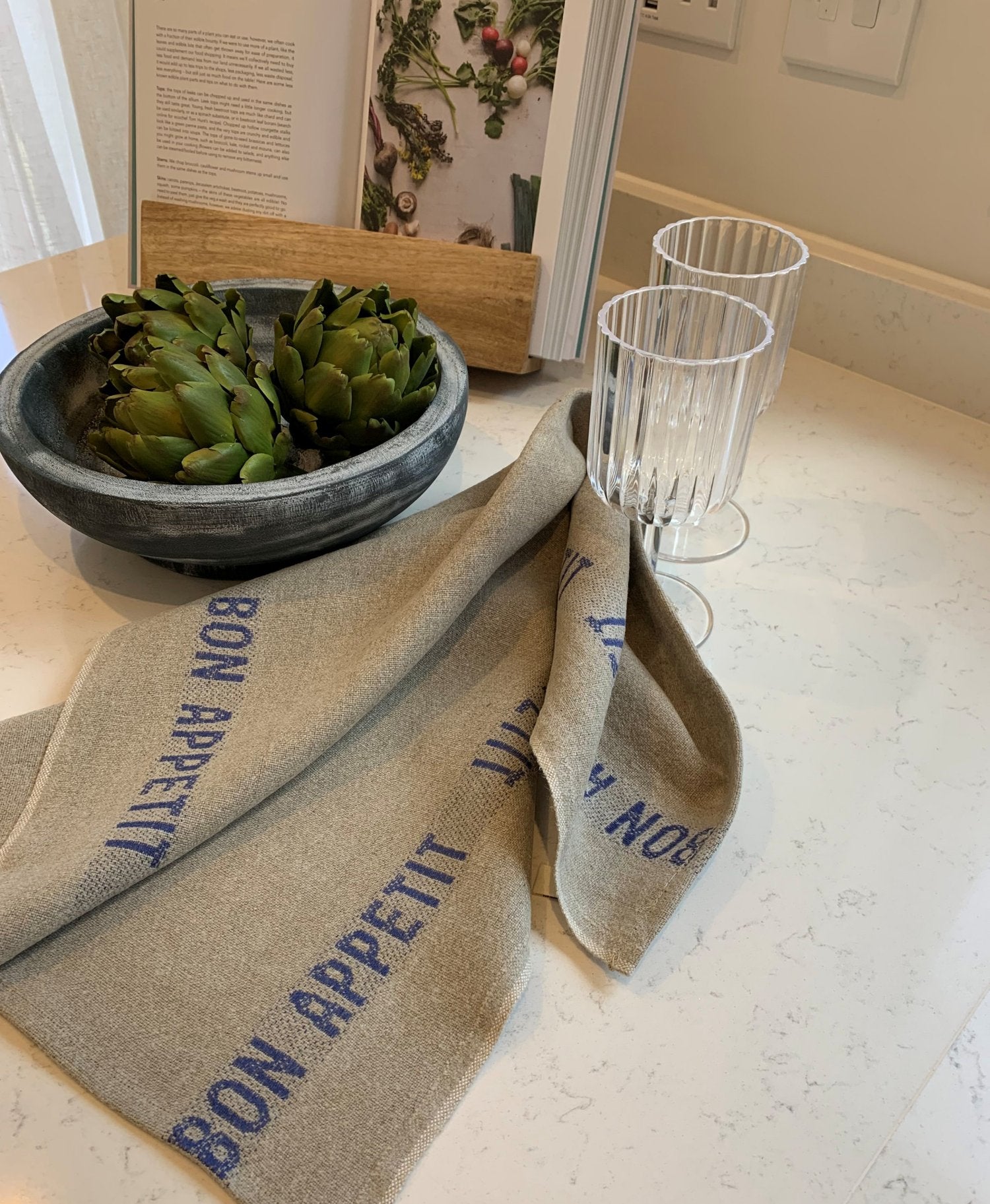 Charvet Editions "Bon Appetit" (Blue), Natural woven linen tea towel. Made in France.