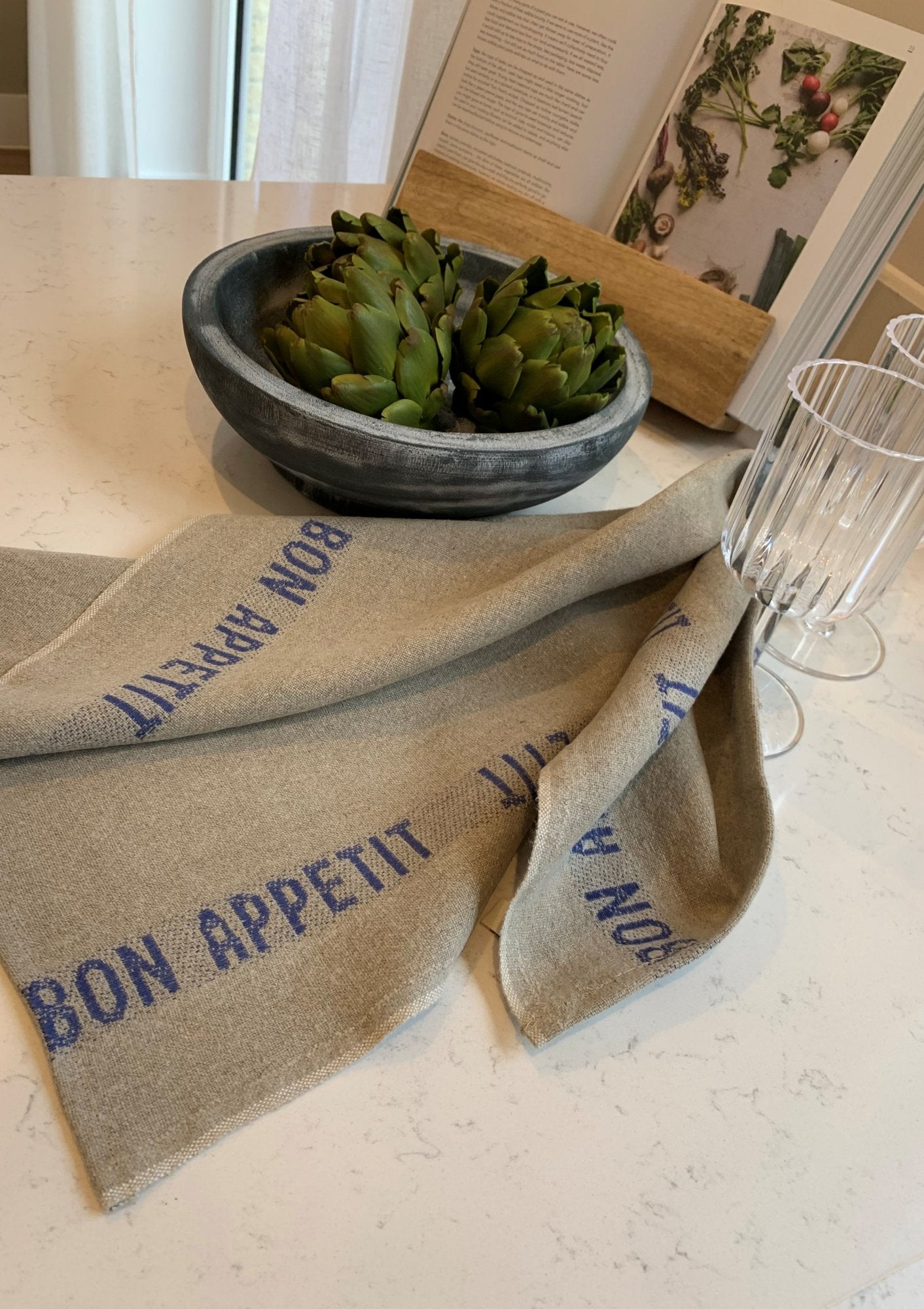 Charvet Editions "Bon Appetit" (Blue), Natural woven linen tea towel. Made in France.