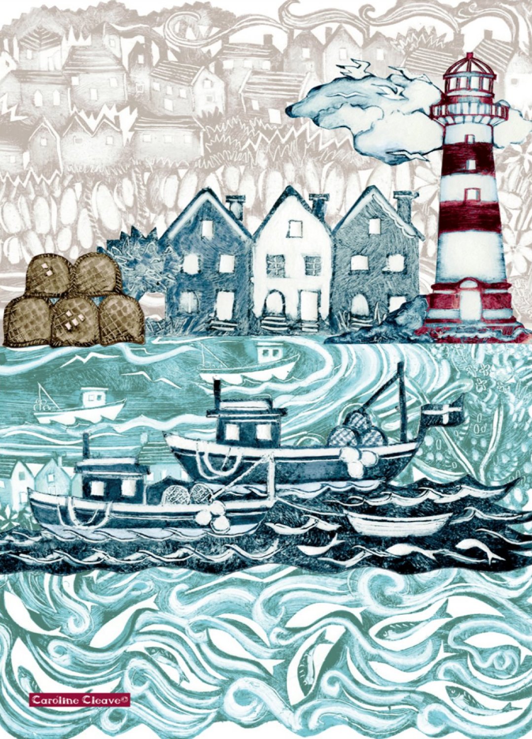 Emma Ball "Caroline Cleave Fishing Village Lighthouse", Pure cotton tea towel. Printed in the UK.