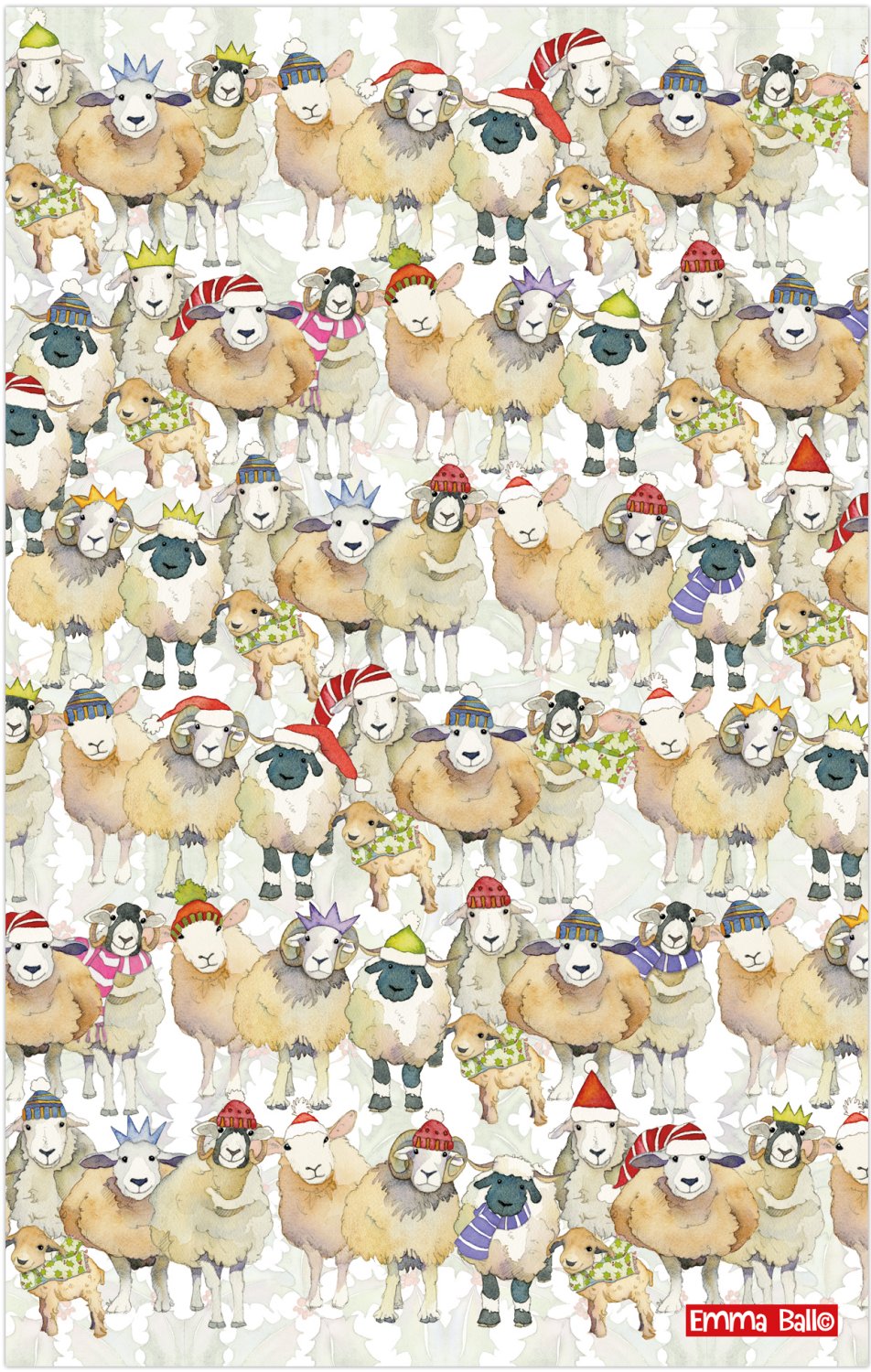 Emma Ball "Christmas Sheep Repeat", Pure cotton tea towel. Printed in the UK.
