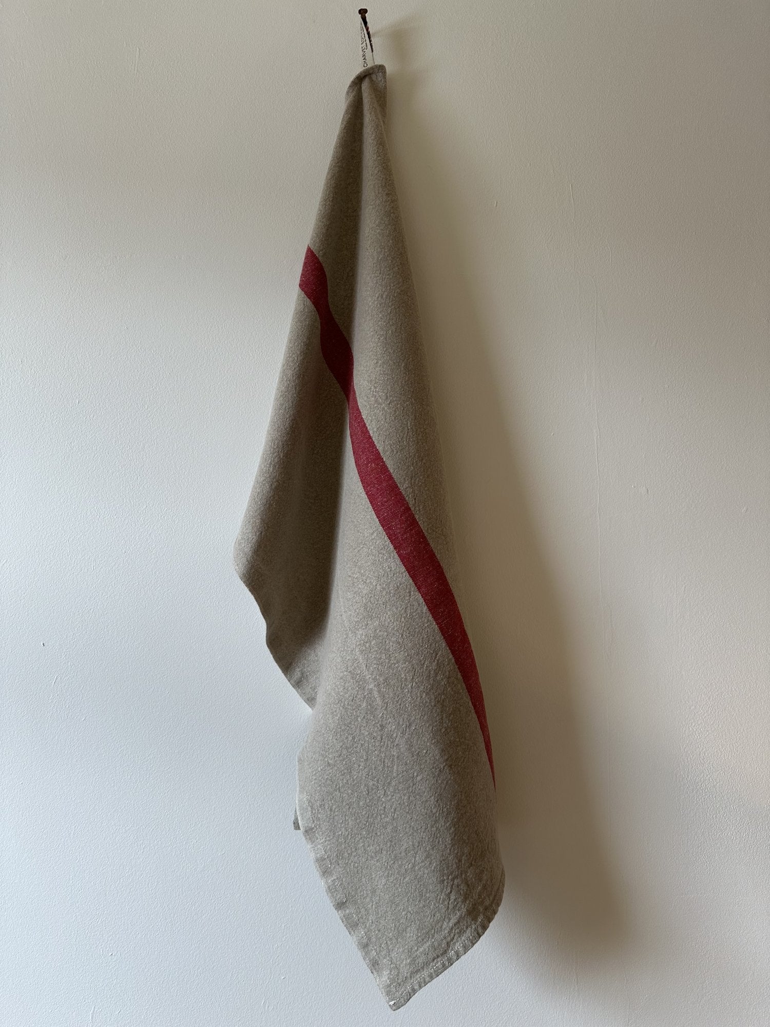Charvet Editions "Doudou Stripe" (Natural & Red), Natural woven linen tea towel. Made in France.