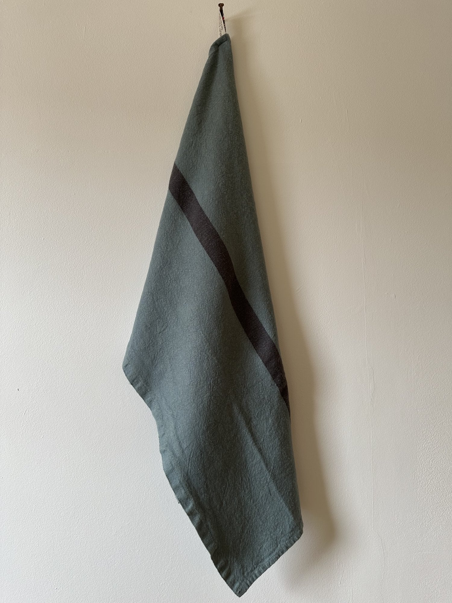 Charvet Editions "Doudou Stripe" (Vert-de-gris & Marron), Natural woven linen tea towel. Made in France.