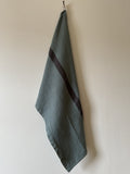 Charvet Éditions "Doudou Stripe" (Vert-de-gris & Marron), Natural woven linen tea towel. Made in France.