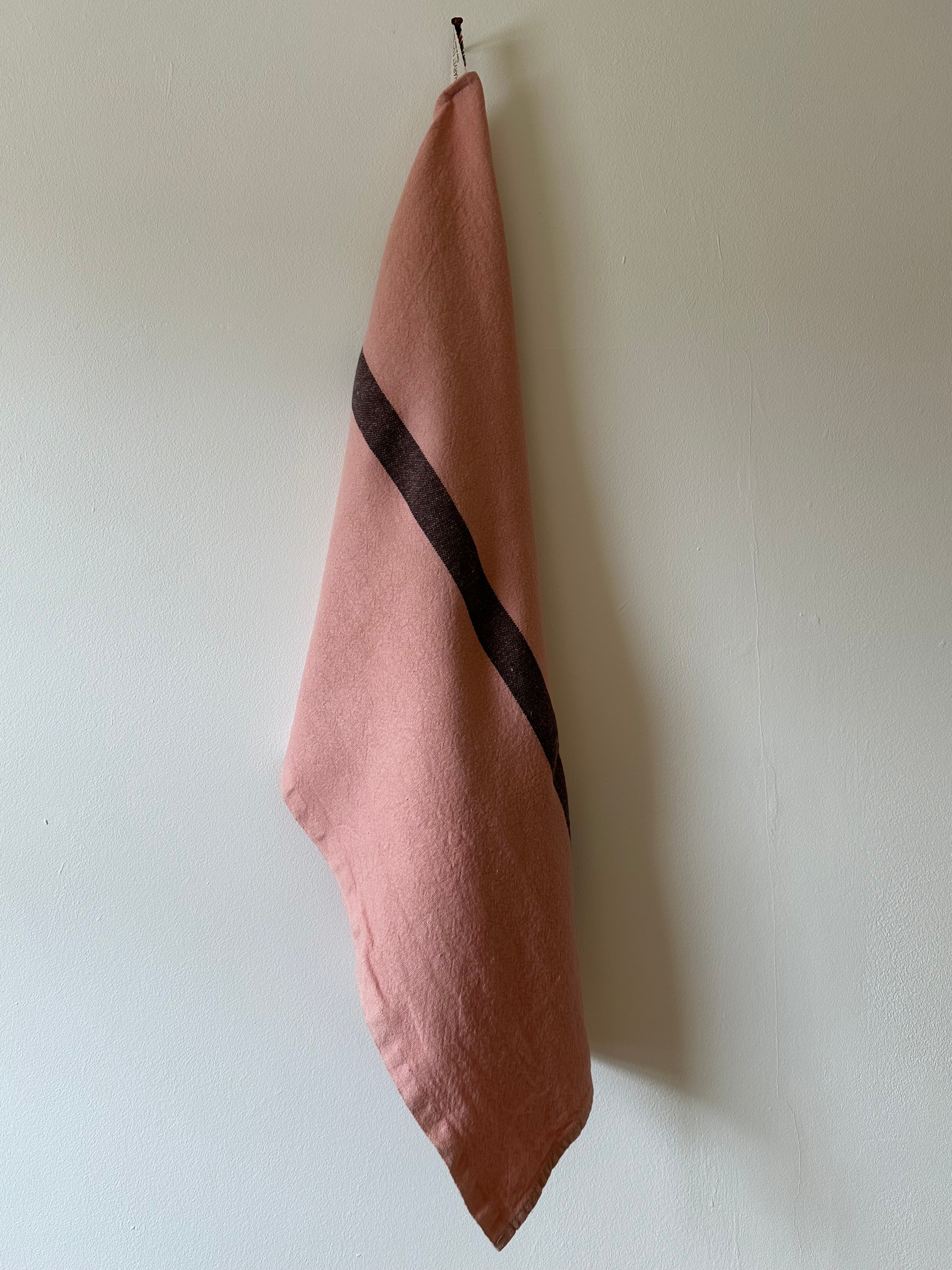 Charvet Editions "Doudou Stripe" (Petal & Marron), Natural woven linen tea towel. Made in France.