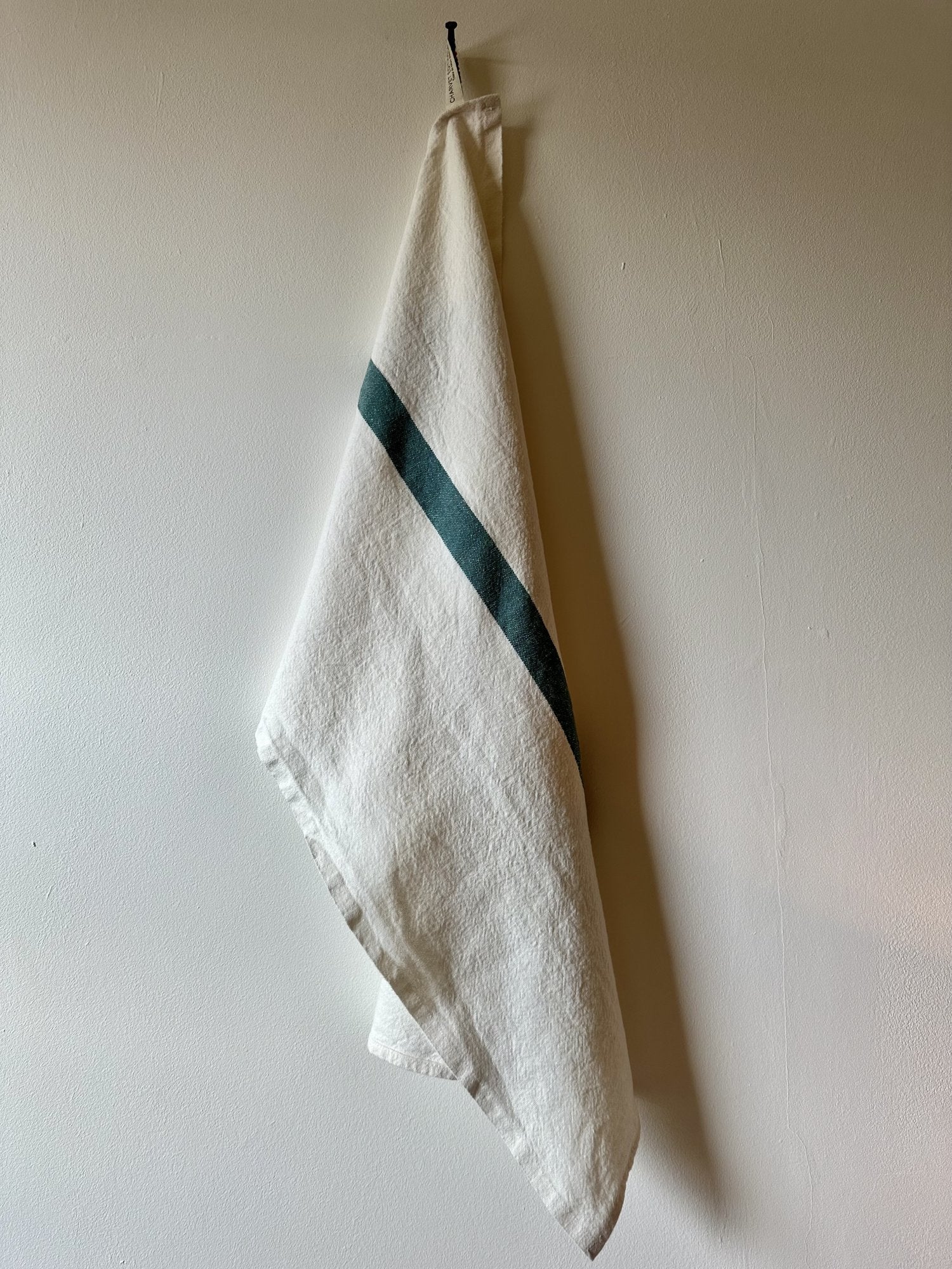 Charvet Éditions "Doudou Stripe" (White & Aqua), White woven linen tea towel. Made in France. - Home Landing