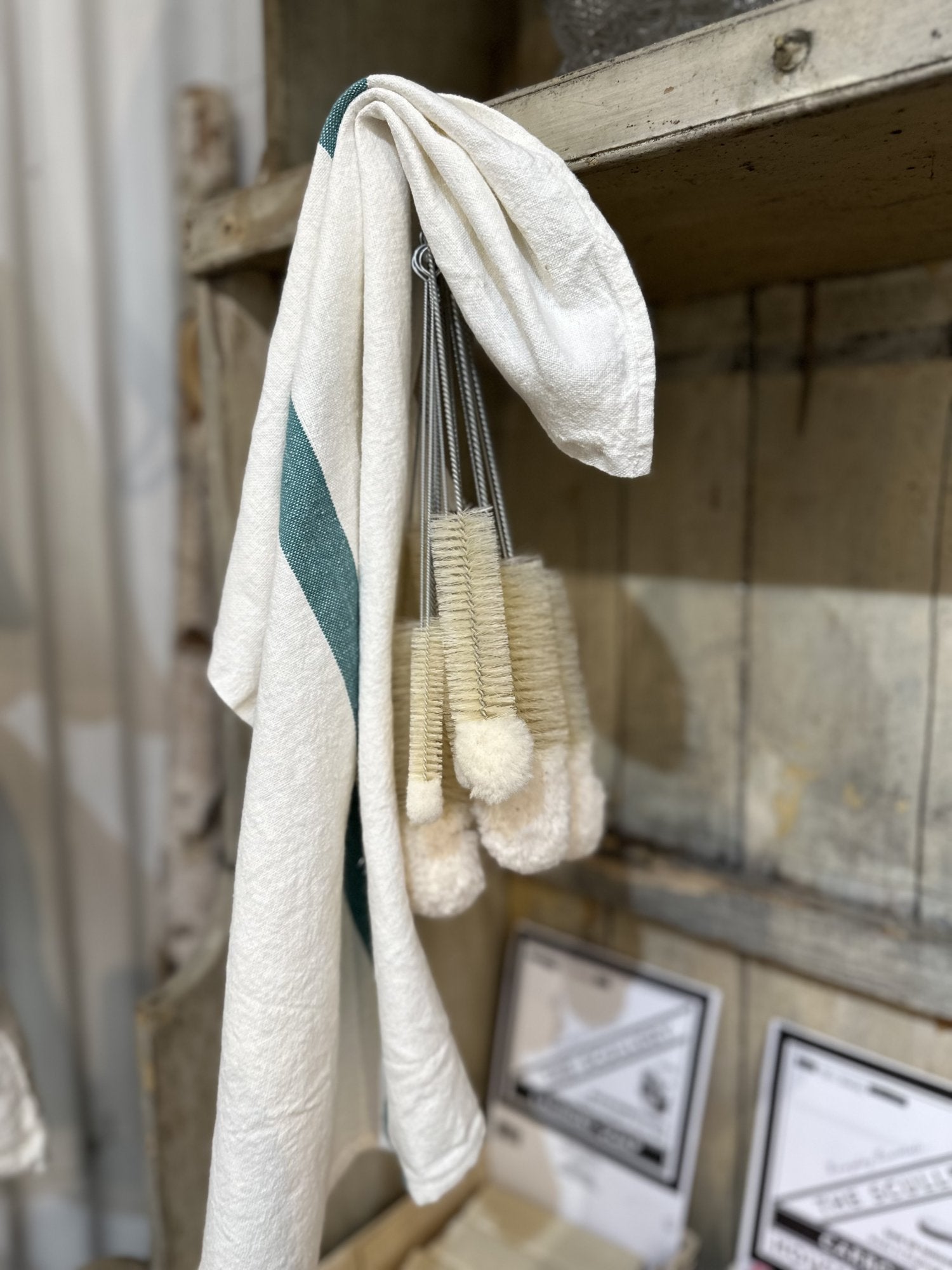 Charvet Editions "Doudou Stripe" (White & Aqua), White woven linen tea towel. Made in France. - Home Landing