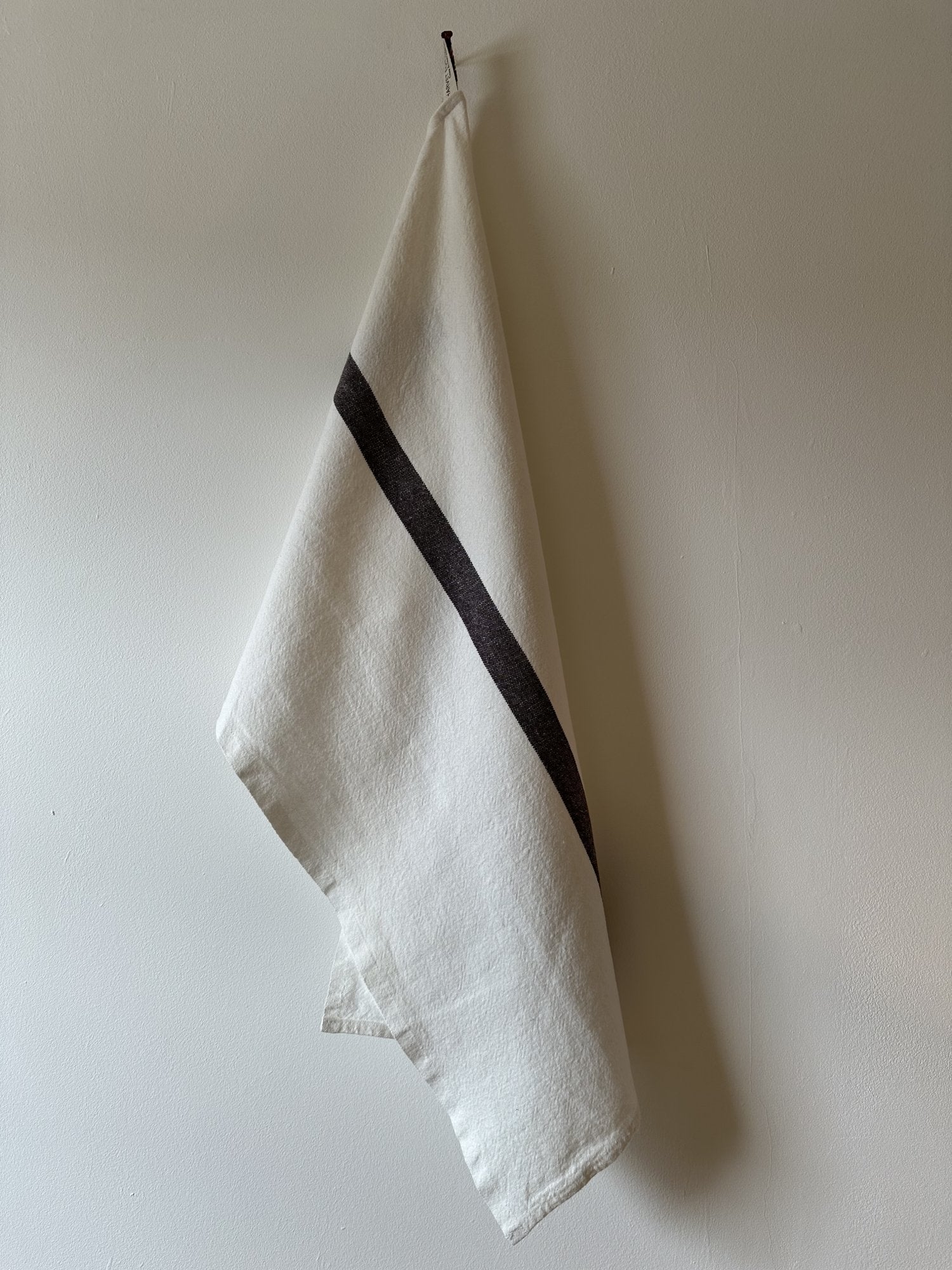 Charvet Editions "Doudou Stripe" (White & Marron), White woven linen tea towel. Made in France. - Home Landing