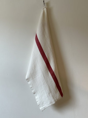 Charvet Éditions "Doudou Stripe" (White & Red), White woven linen tea towel. Made in France.