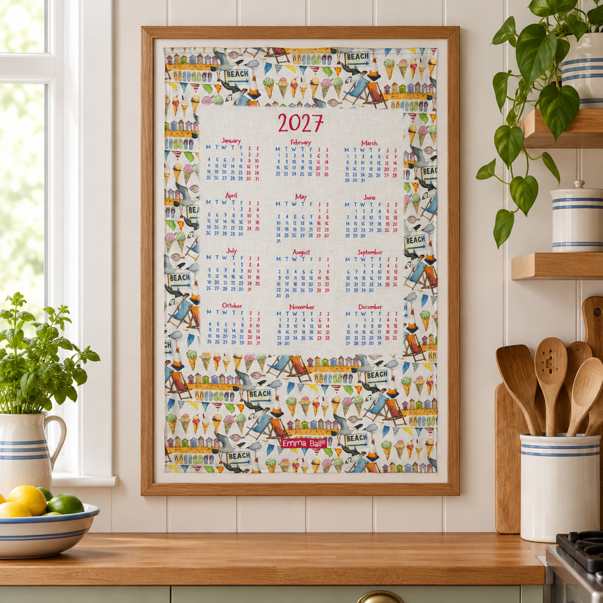 Emma Ball "Beach – 2027 Calendar", Pure cotton tea towel. Printed in the UK.