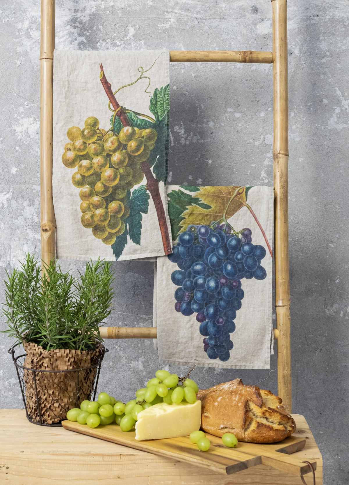 Linoroom “Black & White Grapes”, Pair of linen printed tea towels.