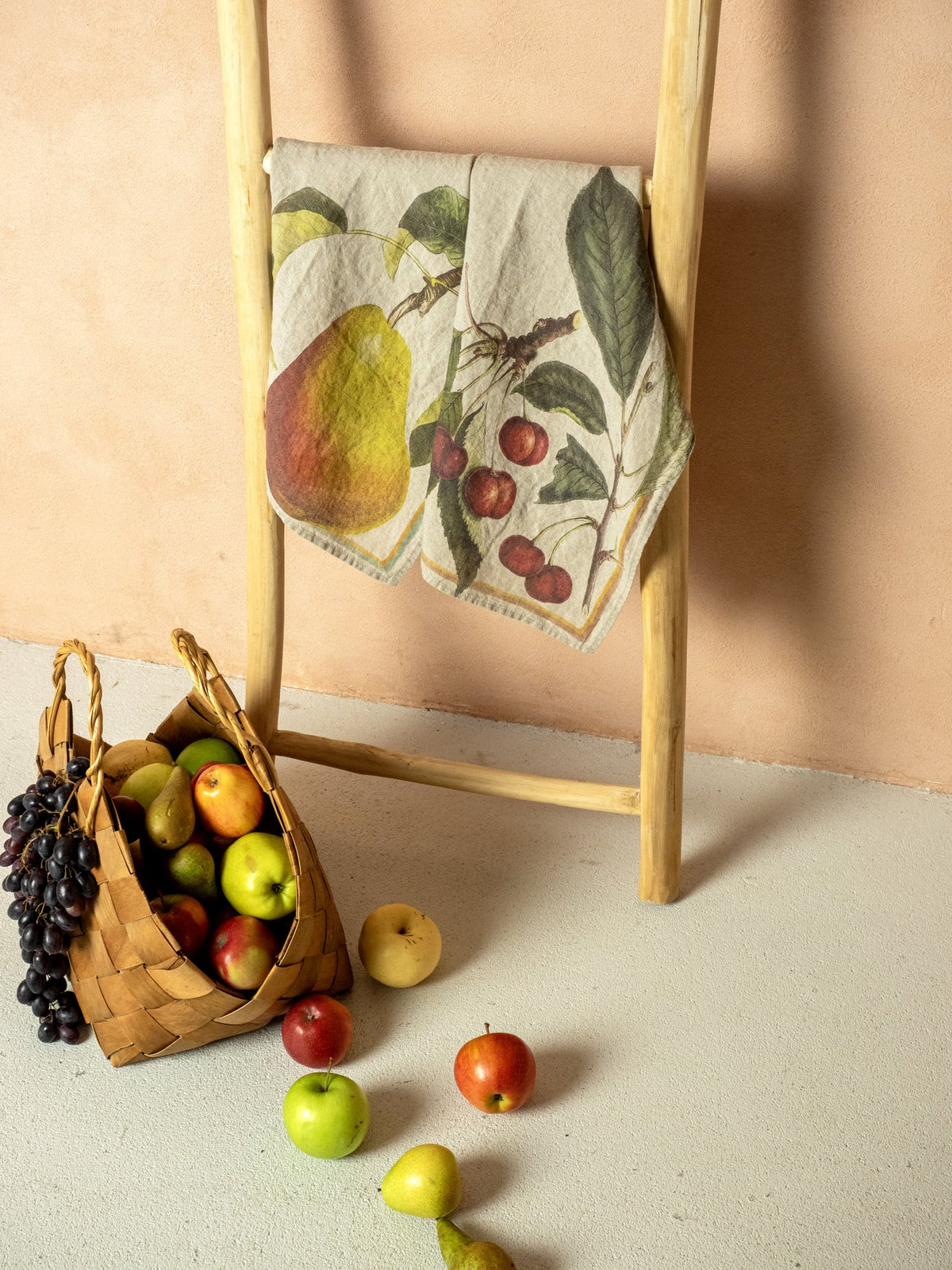 Linoroom “Cherry & Pear”, Pair of linen printed tea towels.