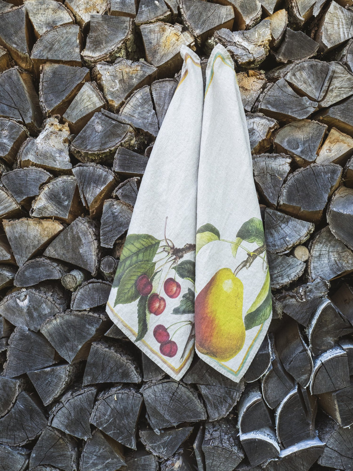 Linoroom “Cherry & Pear”, Pair of linen printed tea towels.