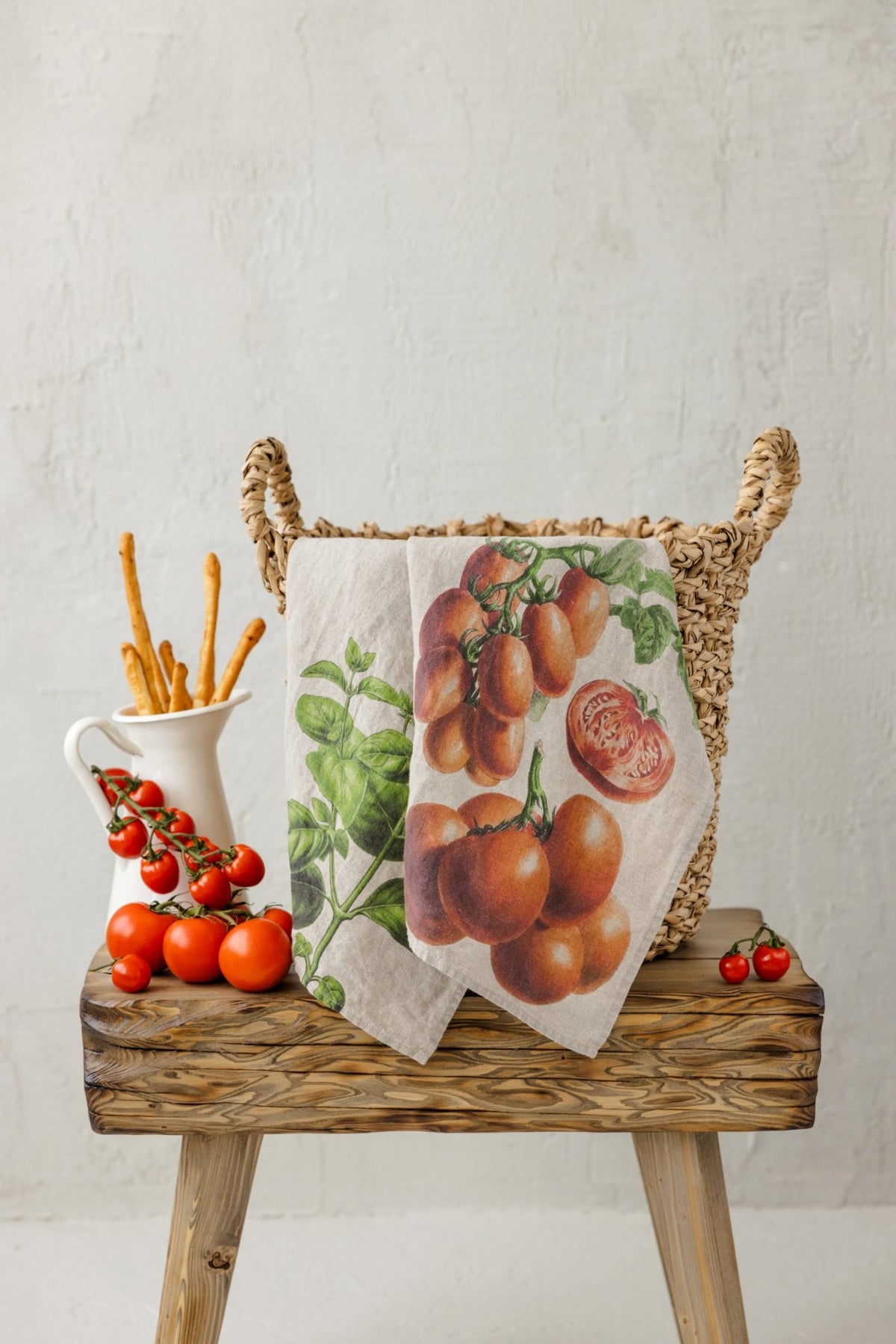 Linoroom “Tomato & Basil”, Pair of linen printed tea towels.