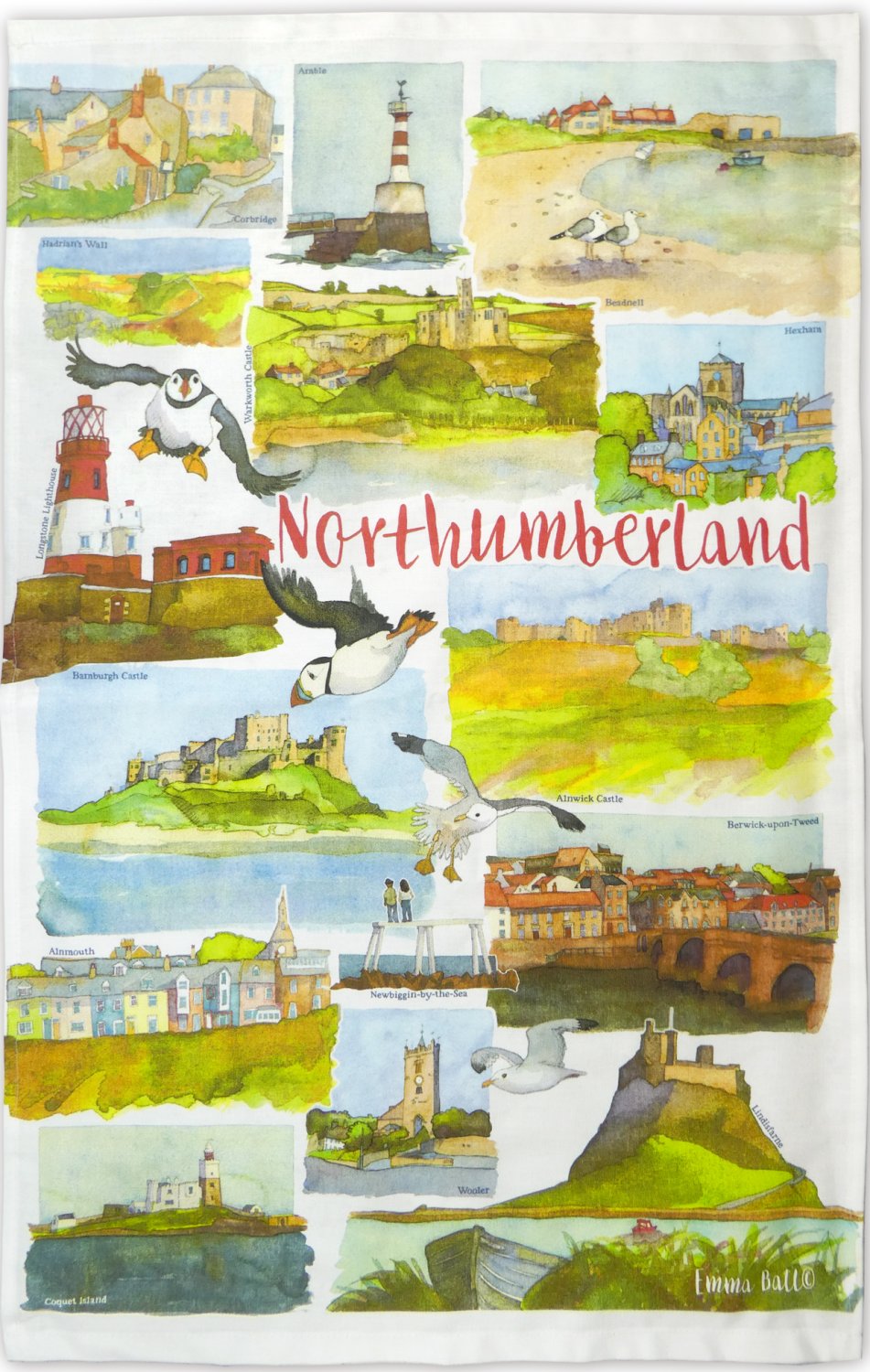 Emma Ball "Northumberland II", Pure cotton tea towel. Printed in the UK.