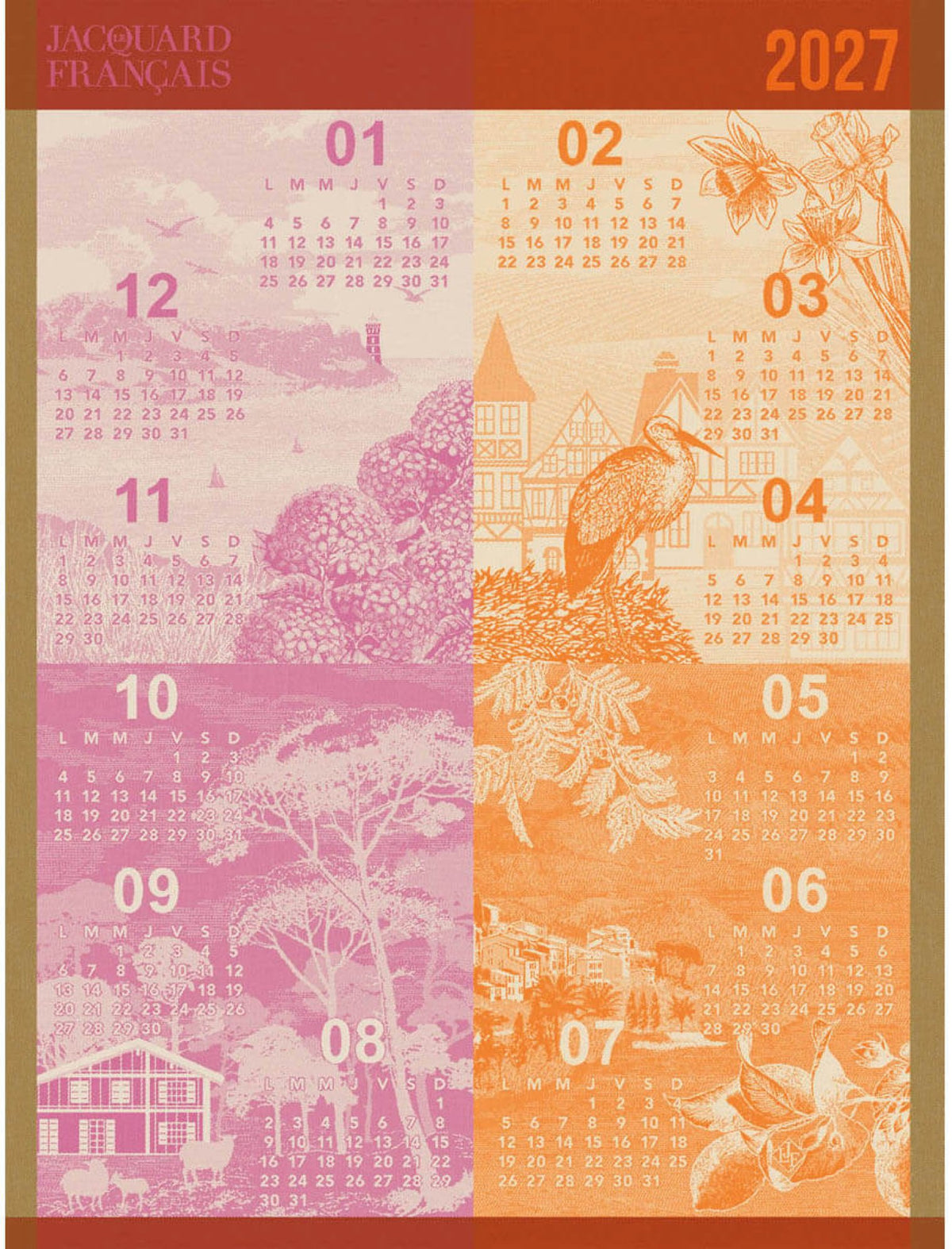 Jacquard Français "Calendrier 2027" (Orange), Woven cotton tea towel. Made in France.