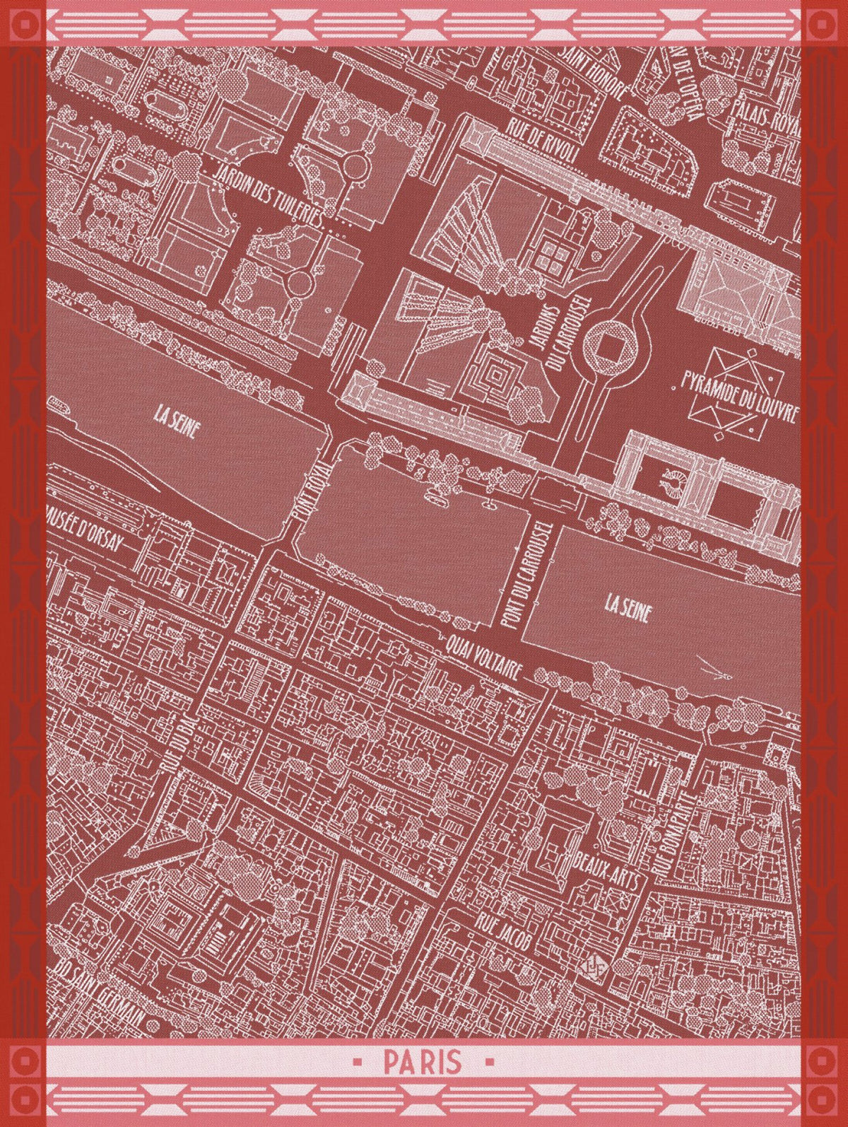 Jacquard Français "A Vol d’Oiseau Paris" (Red), Woven cotton tea towel. Made in France.