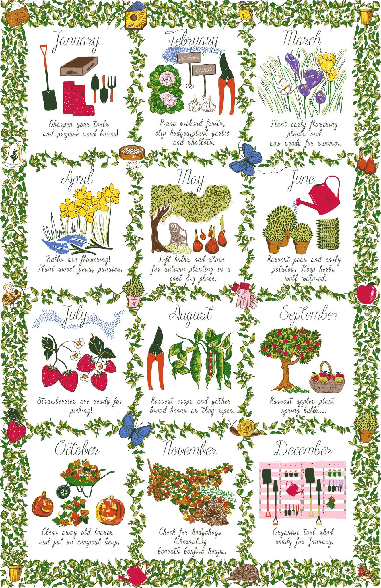 Ulster Weavers, "Gardeners Calendar", Pure cotton printed tea towel. Printed in the UK. - Home Landing