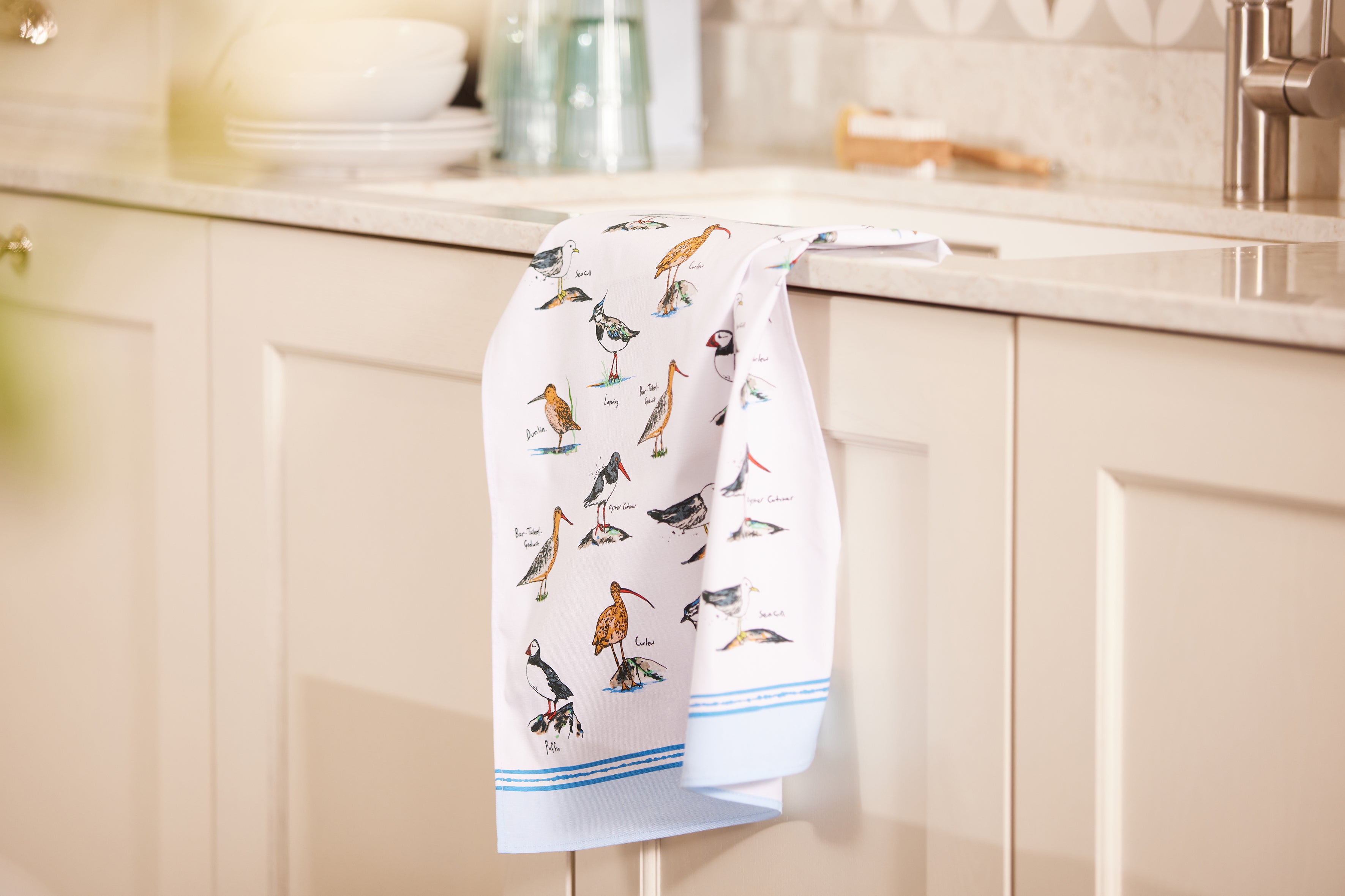 Ulster Weavers, "Coastal Birds", Printed cotton tea towel.
