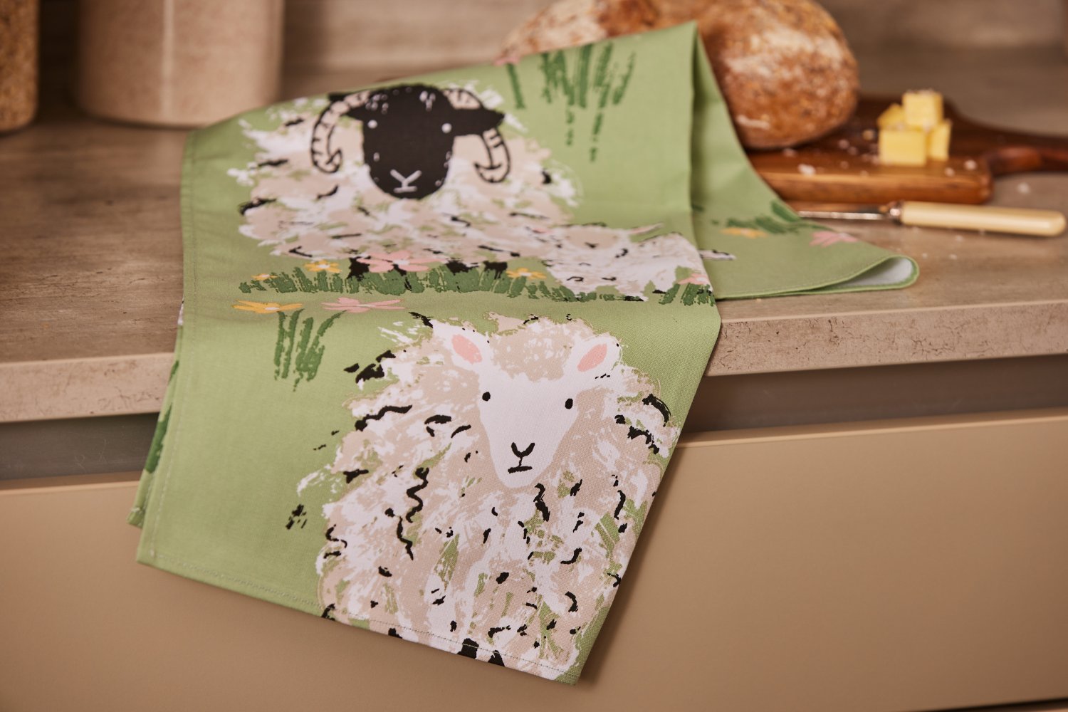 Ulster Weavers, "Woolly Sheep", Printed cotton tea towel.