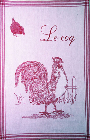 Coucke "Coq - Rouge", Woven cotton tea towel. Designed in France.