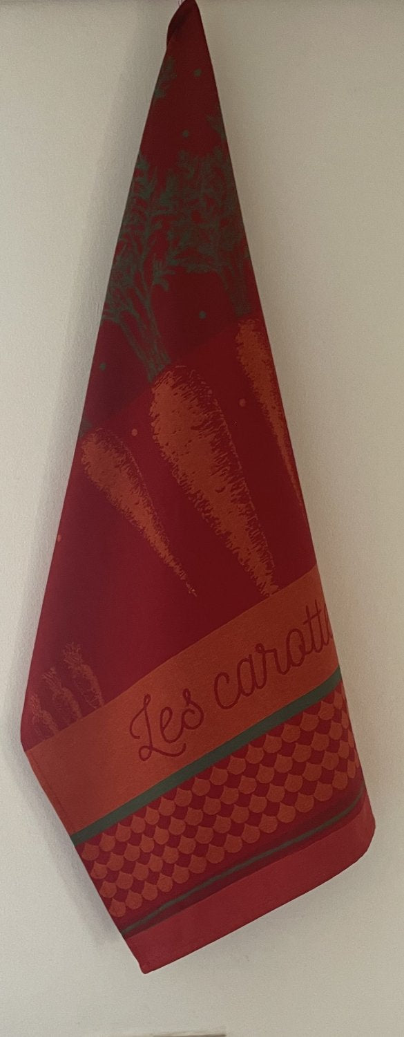 Coucke "Carottes du Potager", Woven cotton tea towel. Designed in France.