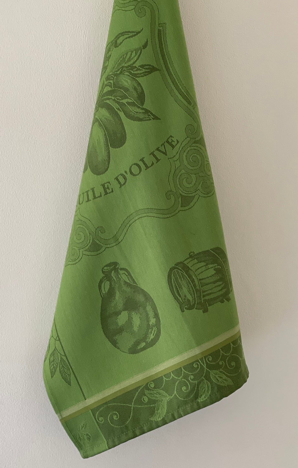 Coucke “Huile Surfine Verte", Woven cotton tea towel. Designed in France.