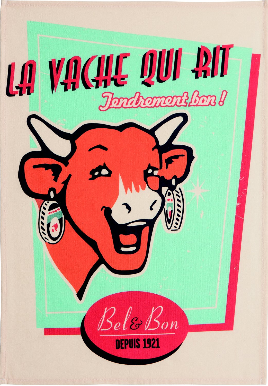 Coucke "La Vache Qui Rit-Retro Vanille", Printed cotton tea towel. Made in France.