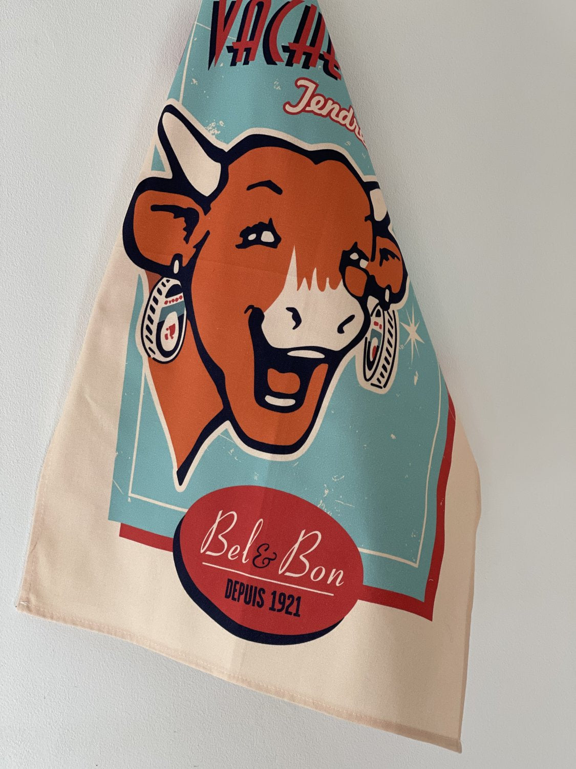 Coucke "La Vache Qui Rit-Retro Vanille", Printed cotton tea towel. Designed in France.