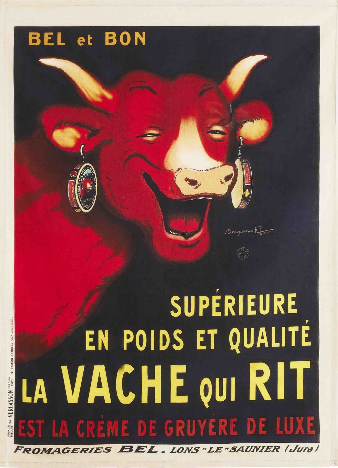 Coucke "La Vache Qui Rit-Bel et Bon", Printed cotton tea towel. Designed in France.