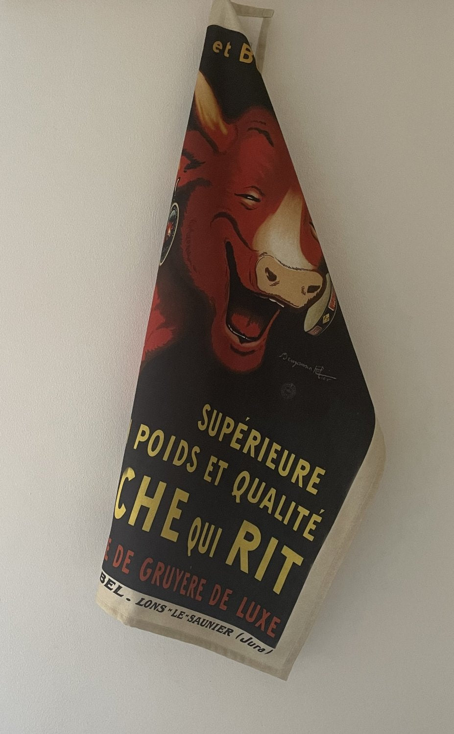 Coucke "La Vache Qui Rit-Bel et Bon", Printed cotton tea towel. Designed in France.
