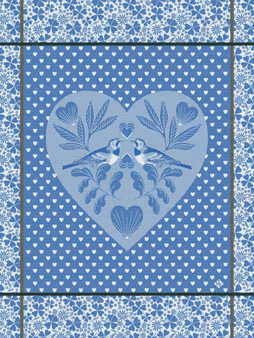 Jacquard Français "Amour" (Blue), Woven cotton tea towel. Made in France.