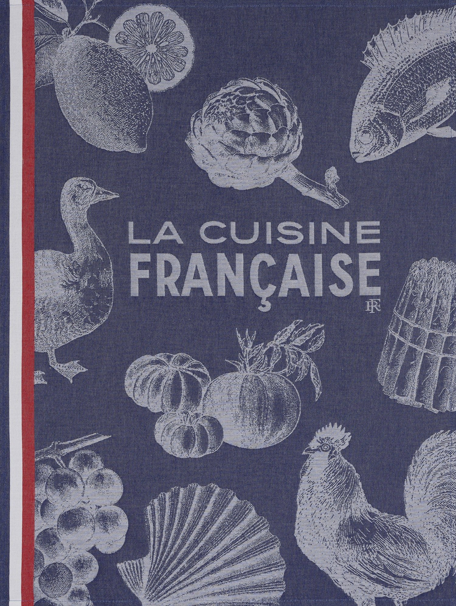 Jacquard Francais "Gastronomie" (Blue), Woven cotton tea towel. Made in France.