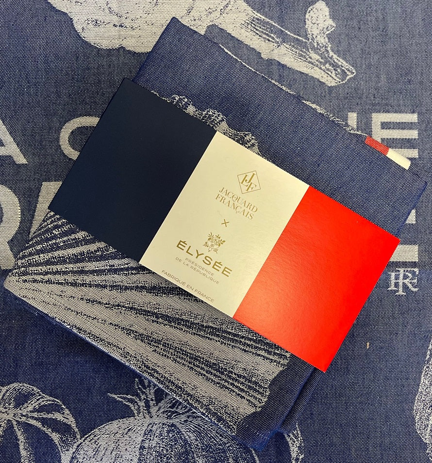 Jacquard Francais "Gastronomie" (Blue), Woven cotton tea towel. Made in France.
