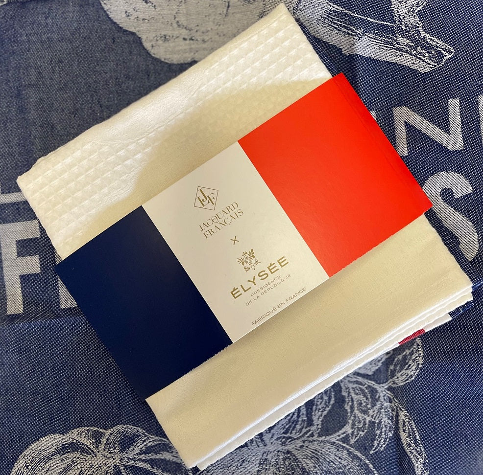 Jacquard Francais "Gastronomie" (White), Woven cotton hand towel. Made in France.