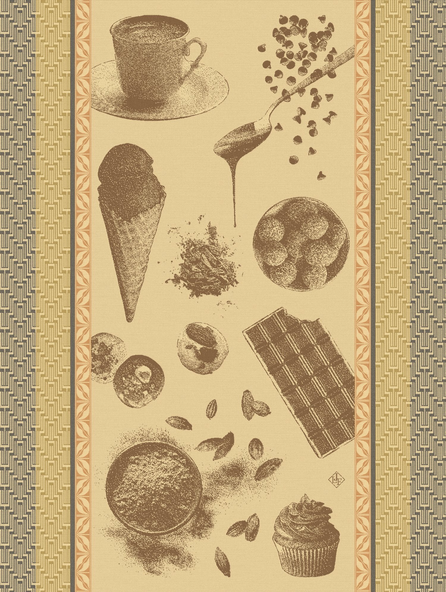 Jacquard Francais "Chocolates - Recettes" (Brown), Woven cotton tea towel. Made in France.
