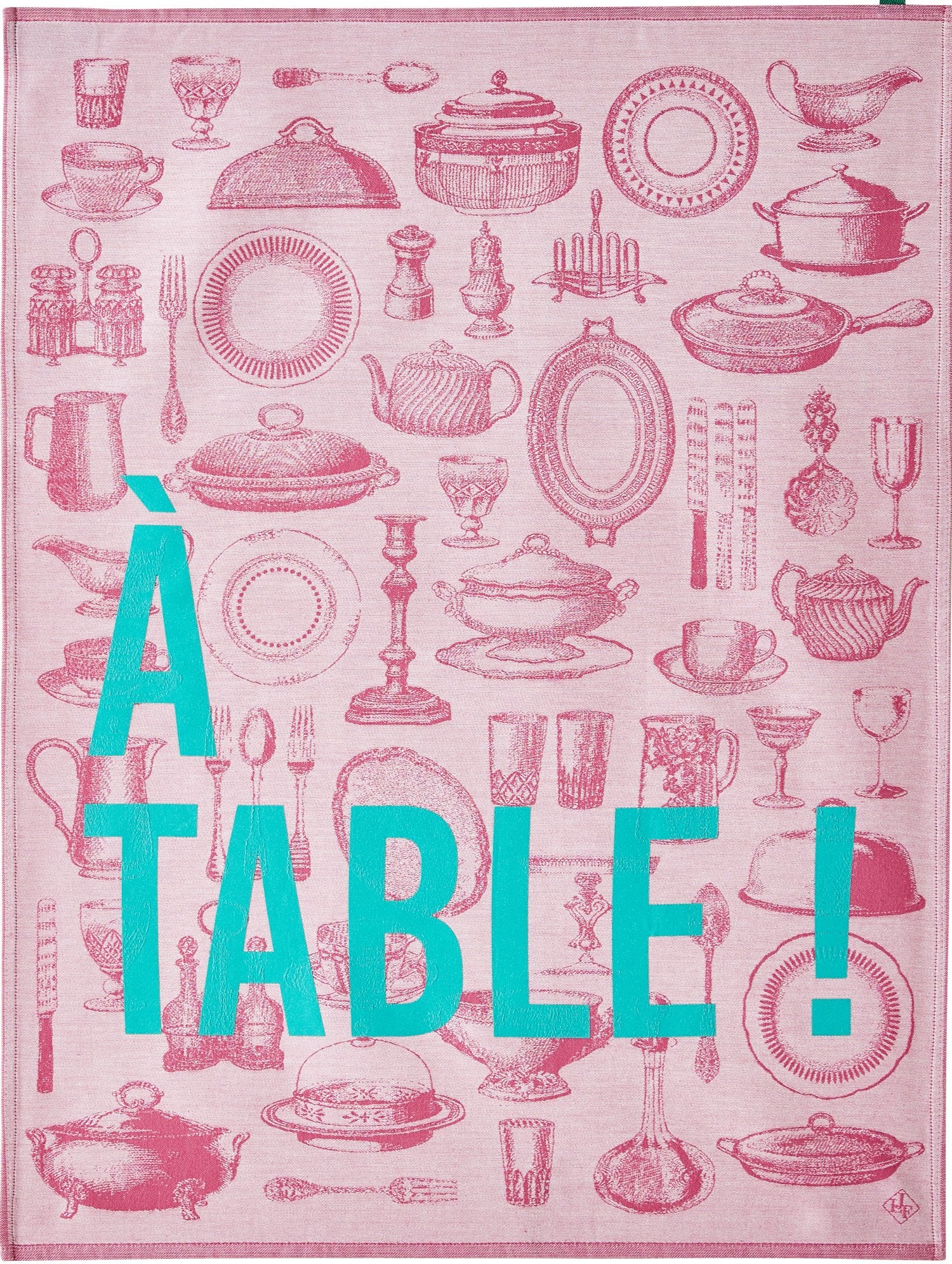 Jacquard Francais " A Table" (Pink), Woven cotton tea towel. Made in France.
