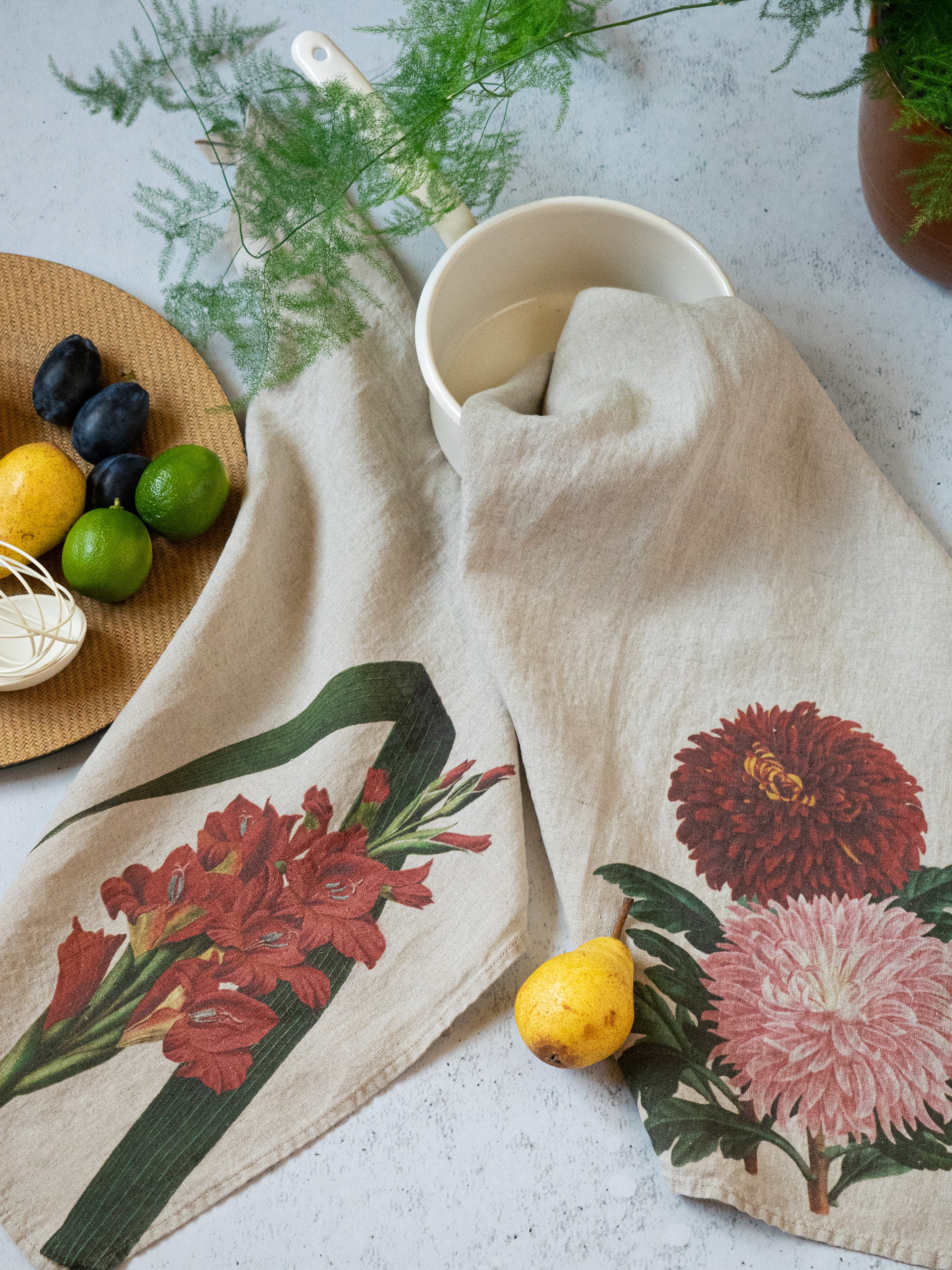 Linoroom "Gladiolus & Chrysanthemum," Pair of linen printed tea towels.