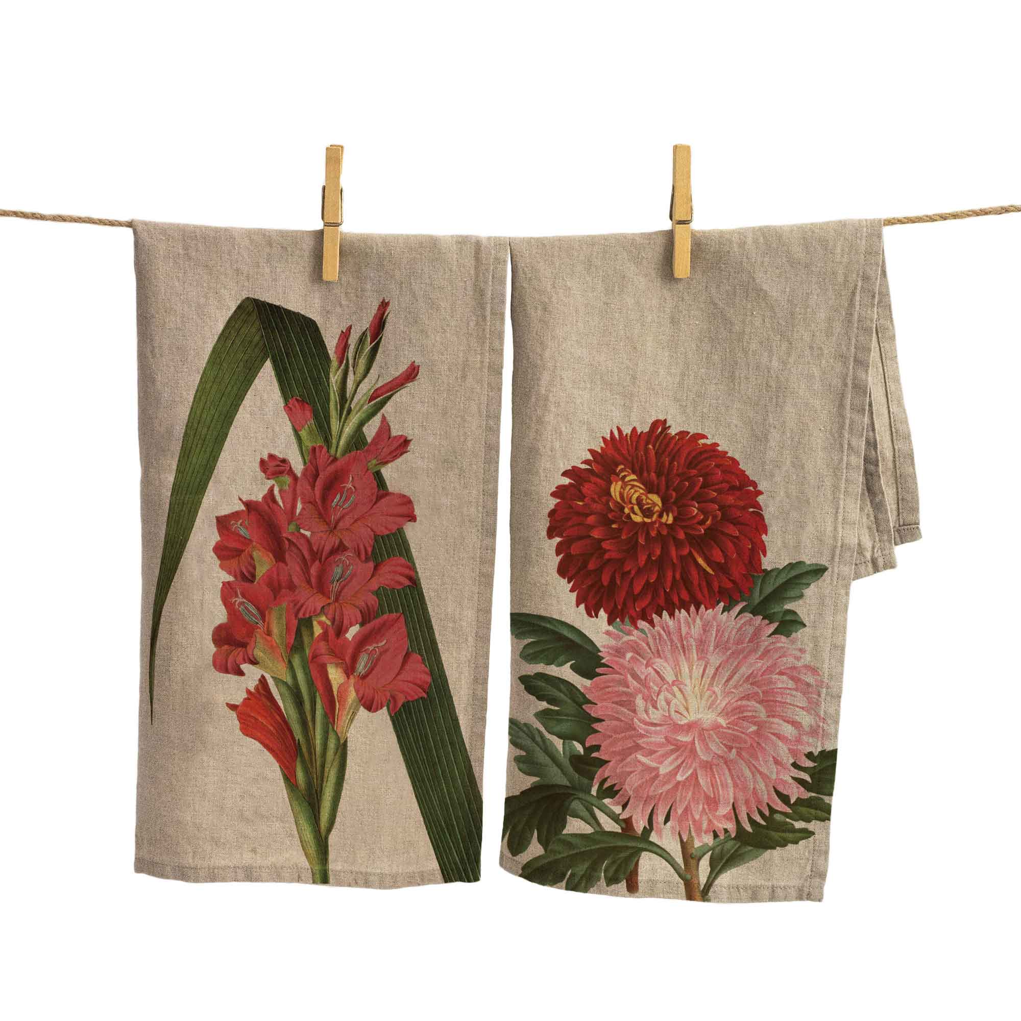 Linoroom "Gladiolus & Chrysanthemum," Pair of linen printed tea towels.