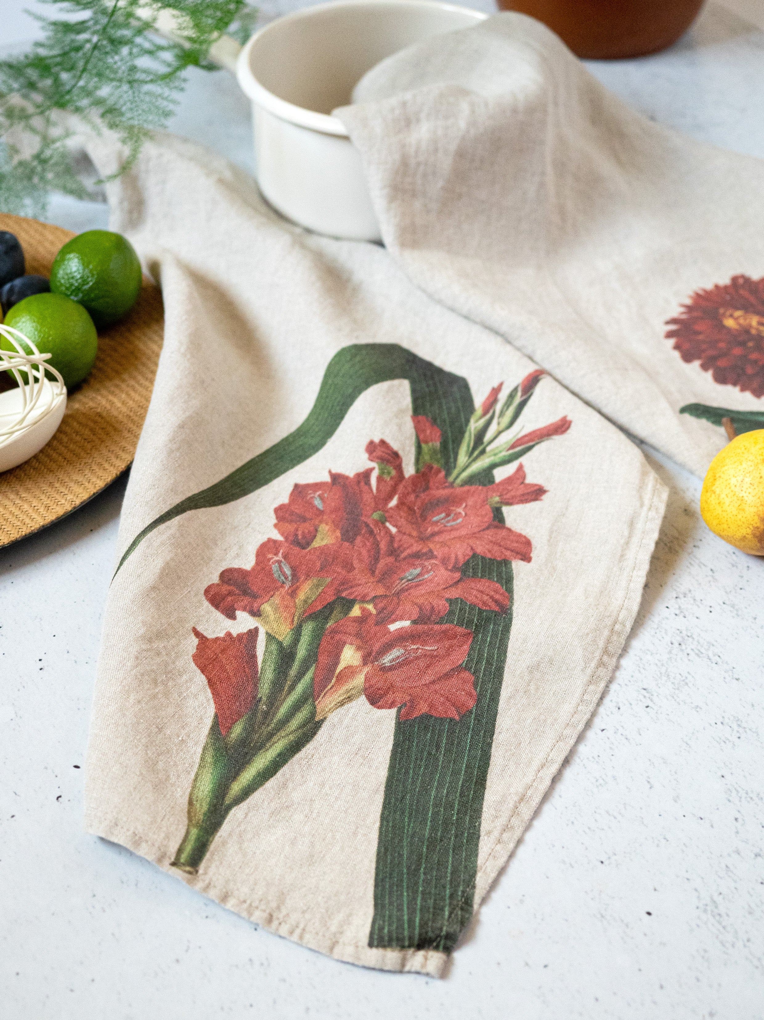 Linoroom "Gladiolus & Chrysanthemum," Pair of linen printed tea towels.