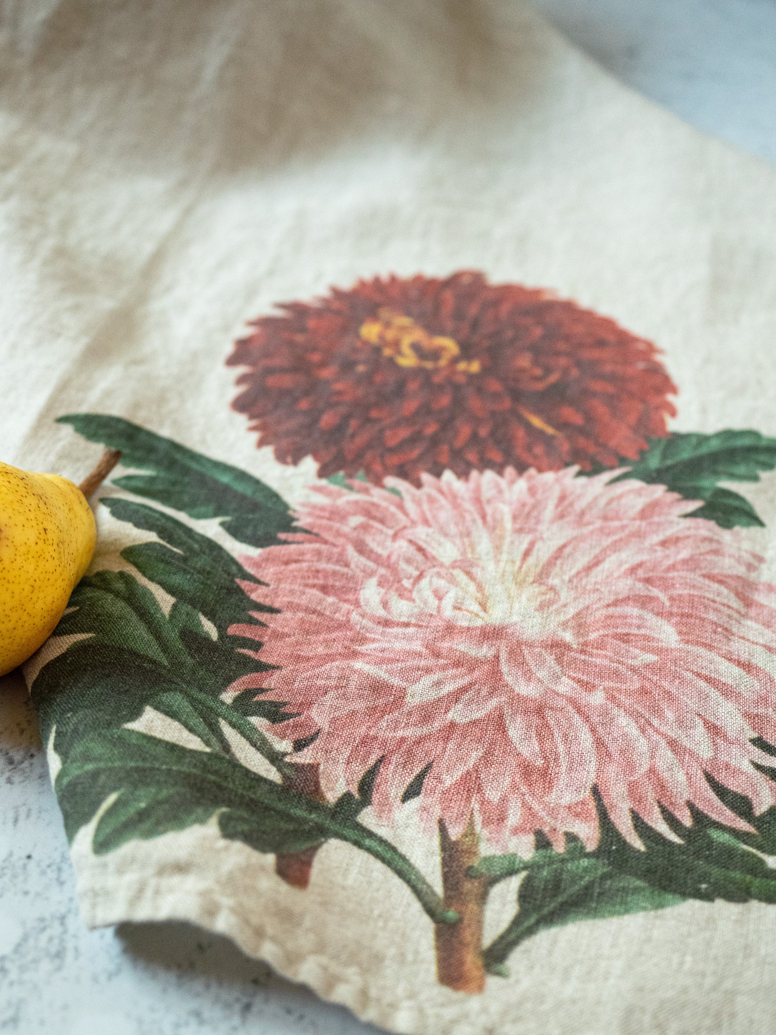 Linoroom "Gladiolus & Chrysanthemum," Pair of linen printed tea towels.