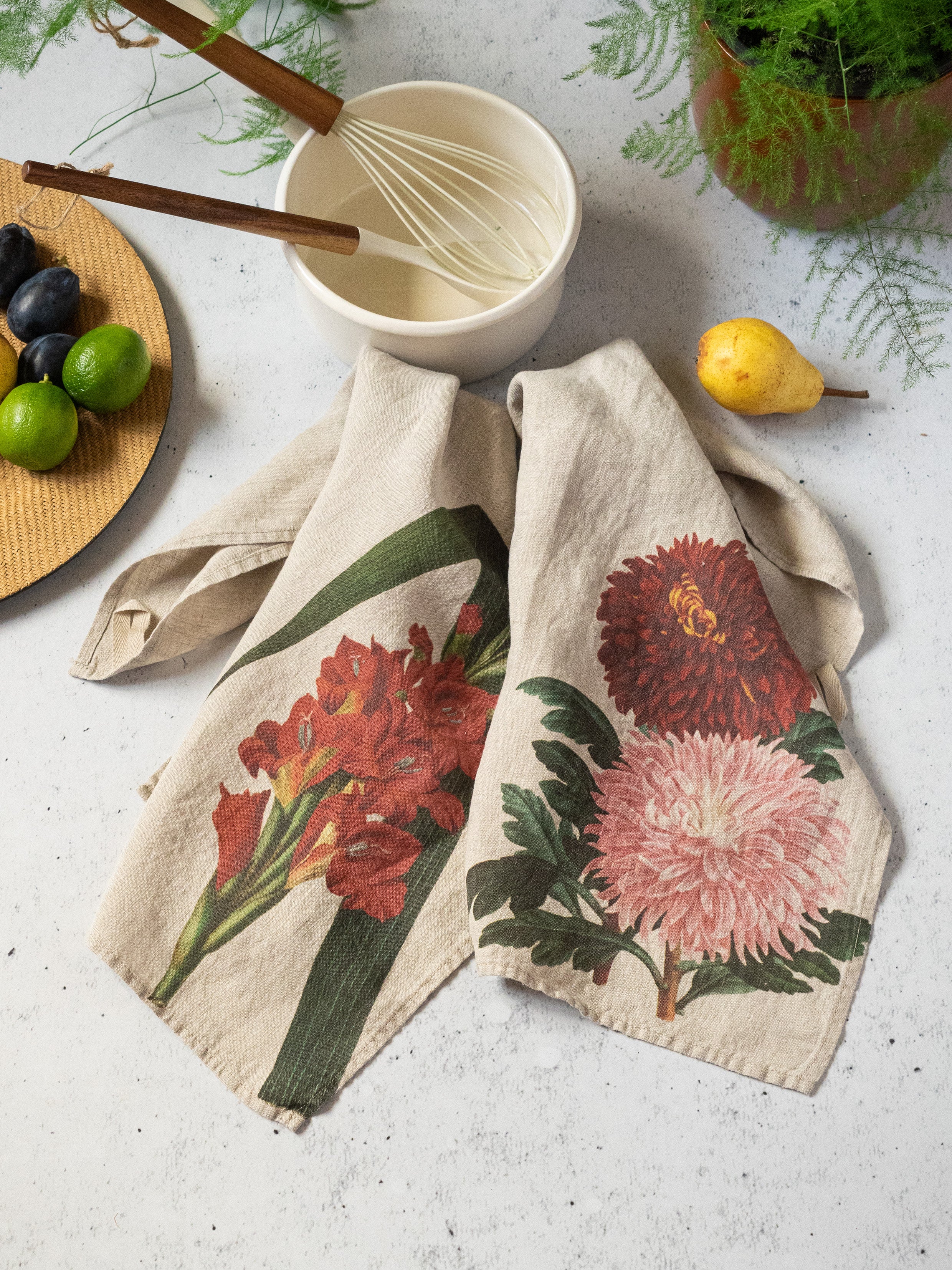 Linoroom "Gladiolus & Chrysanthemum," Pair of linen printed tea towels.