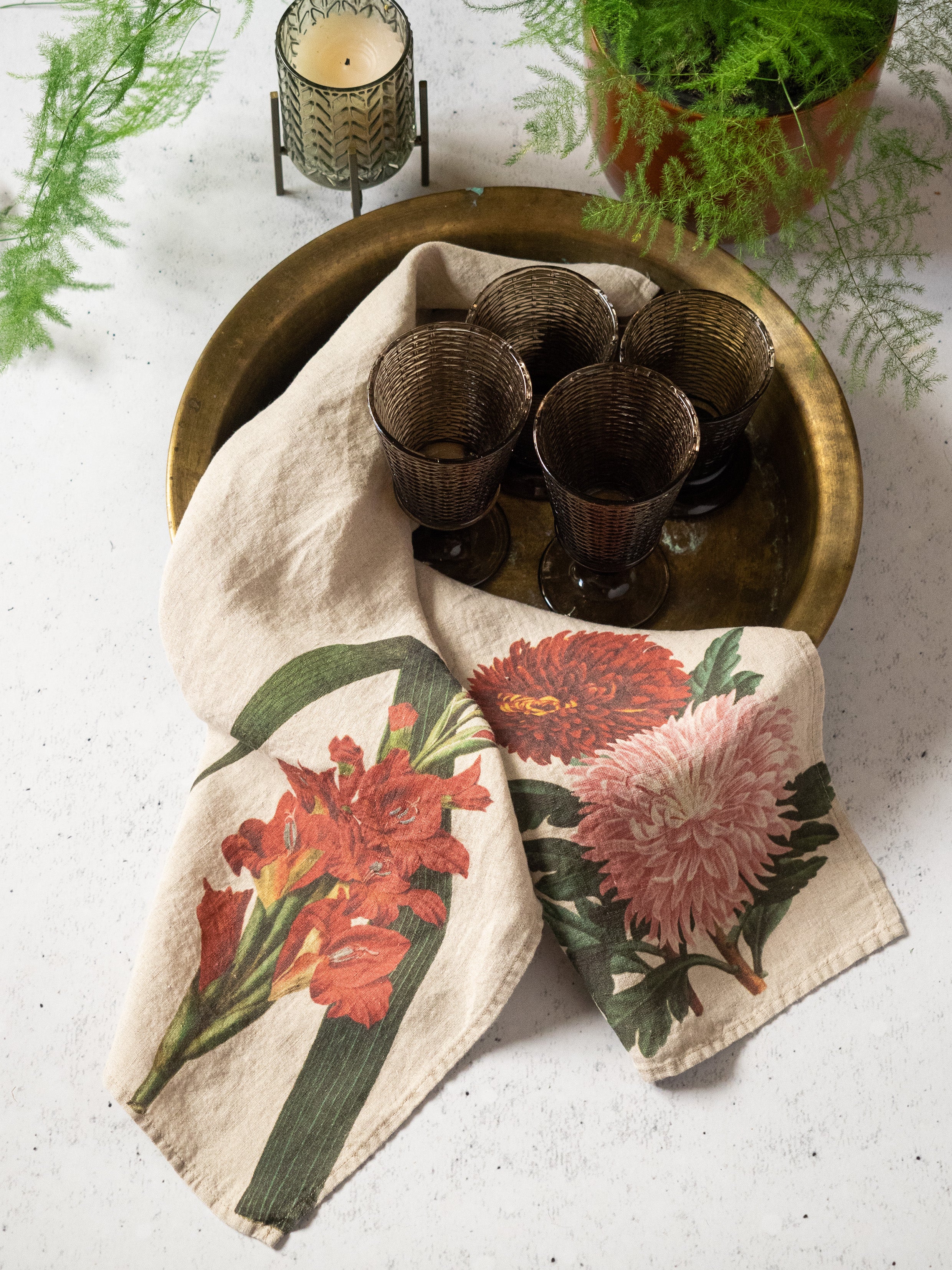 Linoroom "Gladiolus & Chrysanthemum," Pair of linen printed tea towels.